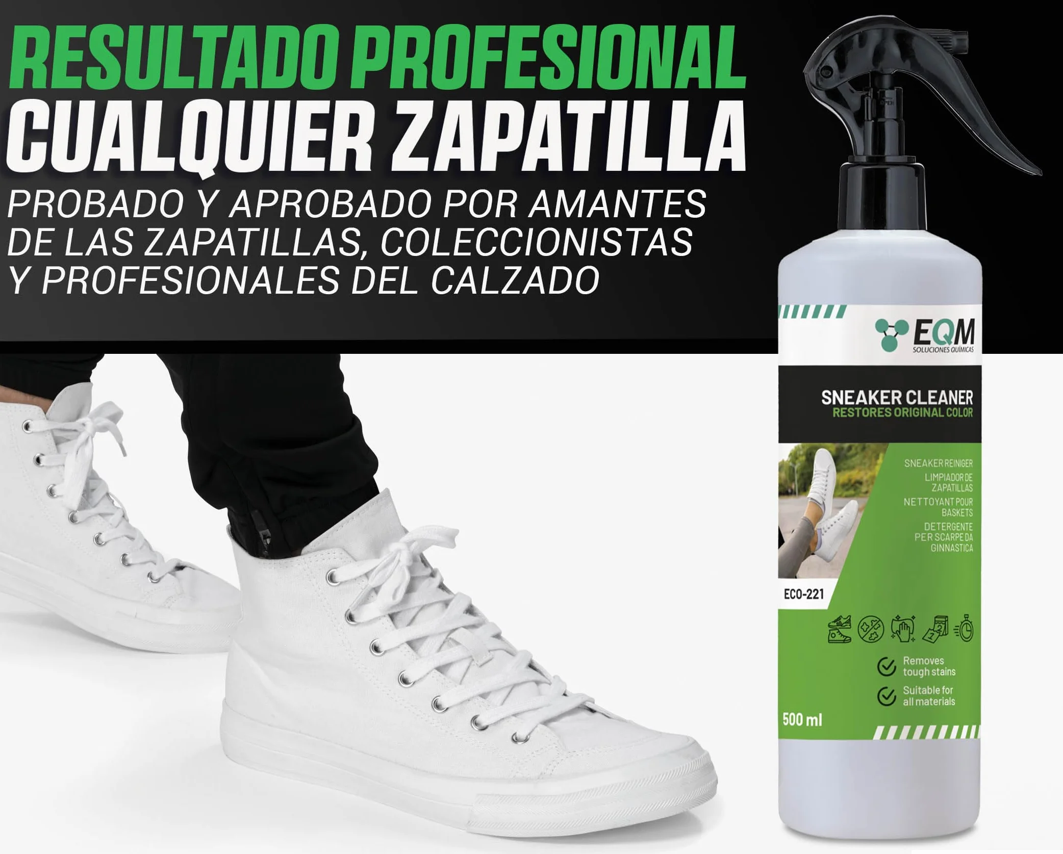 EQM - ECO-221 - Limpiador de Zapatillas - 500 ML - Fórmula Profesional para Cuero, Lona y Malla - Limpia en Profundidad, Renueva y Protege las Zapatillas