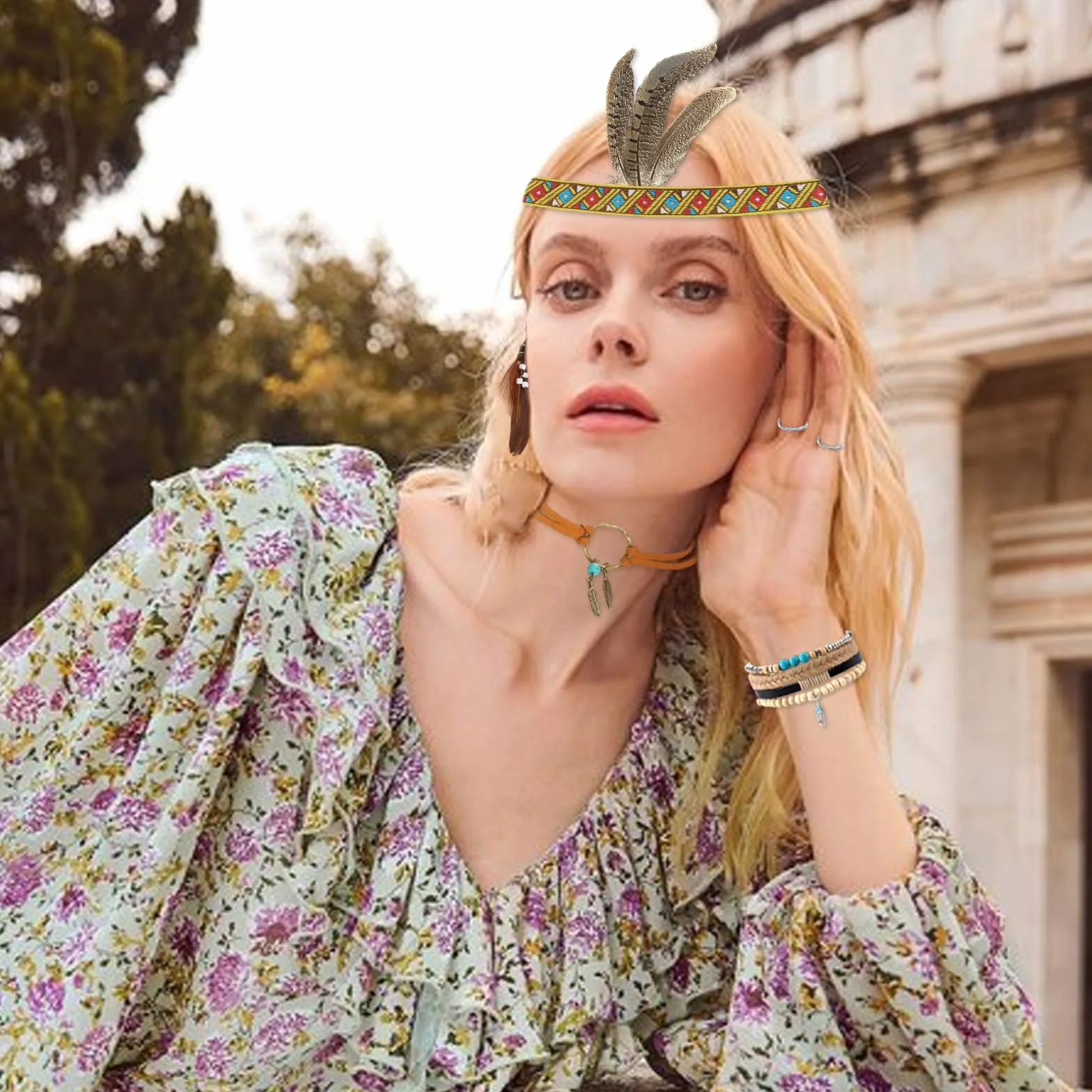 Booaee Disfraz de indio vintage boho para mujer, 12 unidades, accesorios indios, tocado indio, pluma, diadema, pendientes, collar de piel, pulsera turquesa, anillos para carnaval y más