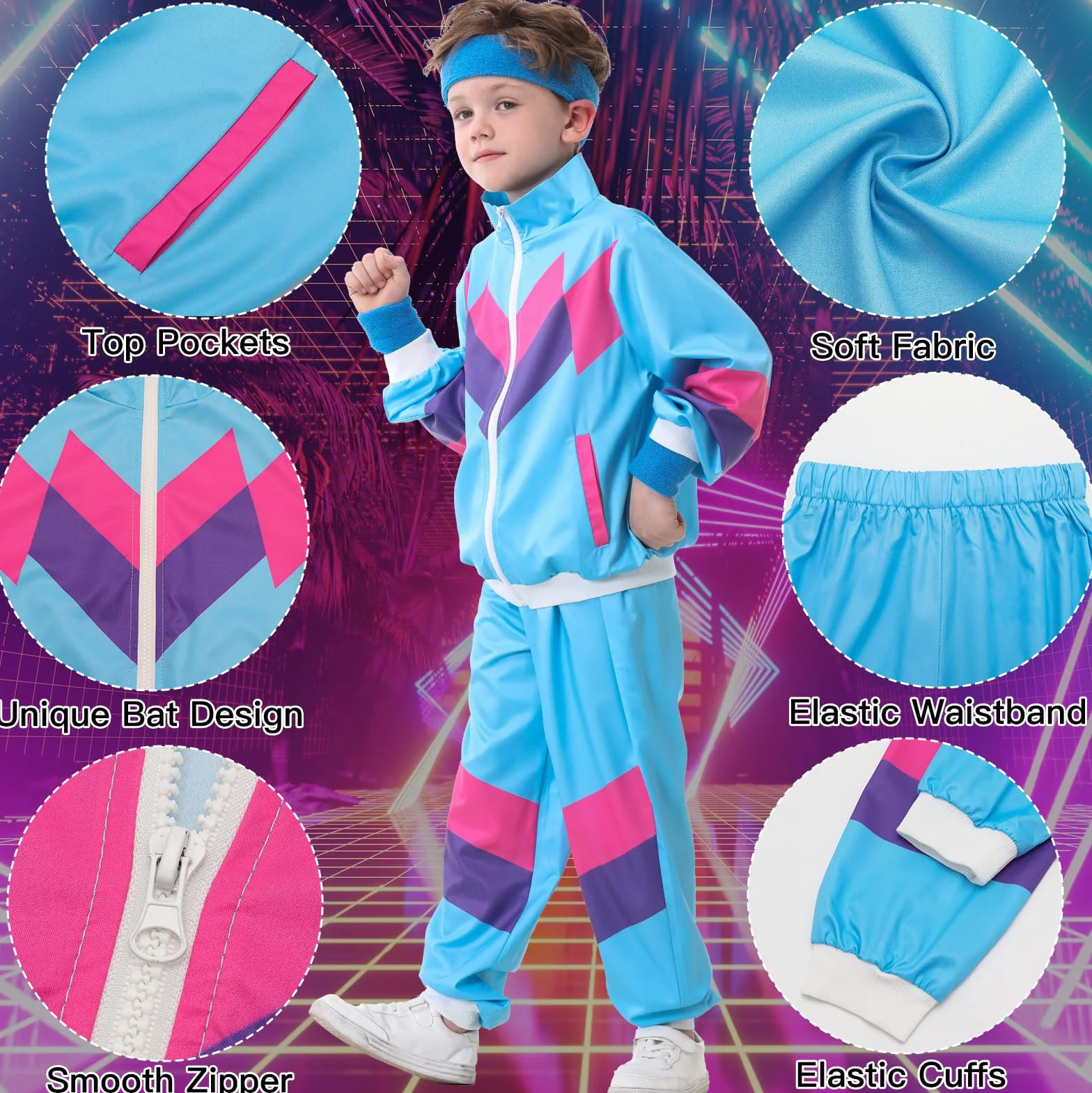 Ezuwail Traje deportivo para niños de los años 80 y 90 para niños y niñas, 6 piezas, unisex, retro, cortavientos, entrenamiento, hip hop, disfraz de baile