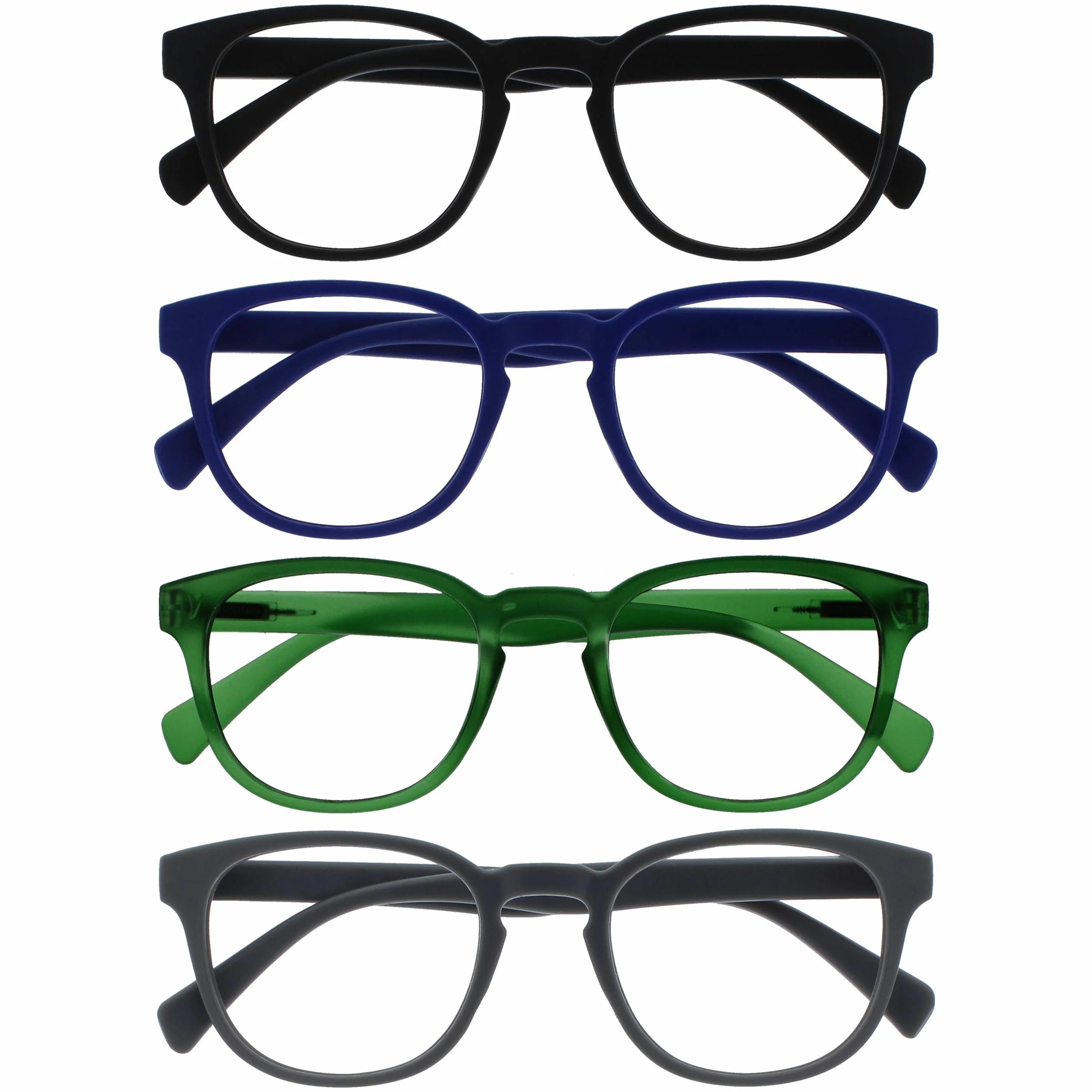 OPULIZE Pop Gafas de Lectura Pack de 4 Redondas Negro, Azul, Verde Musgo y Gris Mate Satinado Bisagras con Muelle Resistentes a los Arañazos Hombre Mujer RRRR2-1367 +1.50