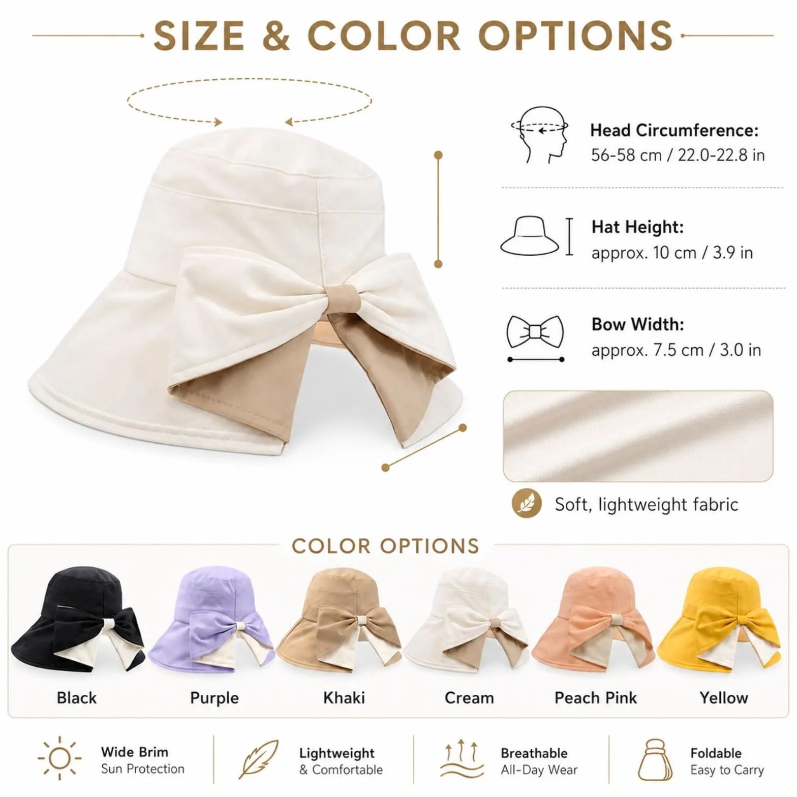 Genérico Women's Bowknot Wide Brim Sun Protective Hat, Sun Hat with Bow, Foldable Summer Hat for Women, Breathable Outdoor Vacation Hats