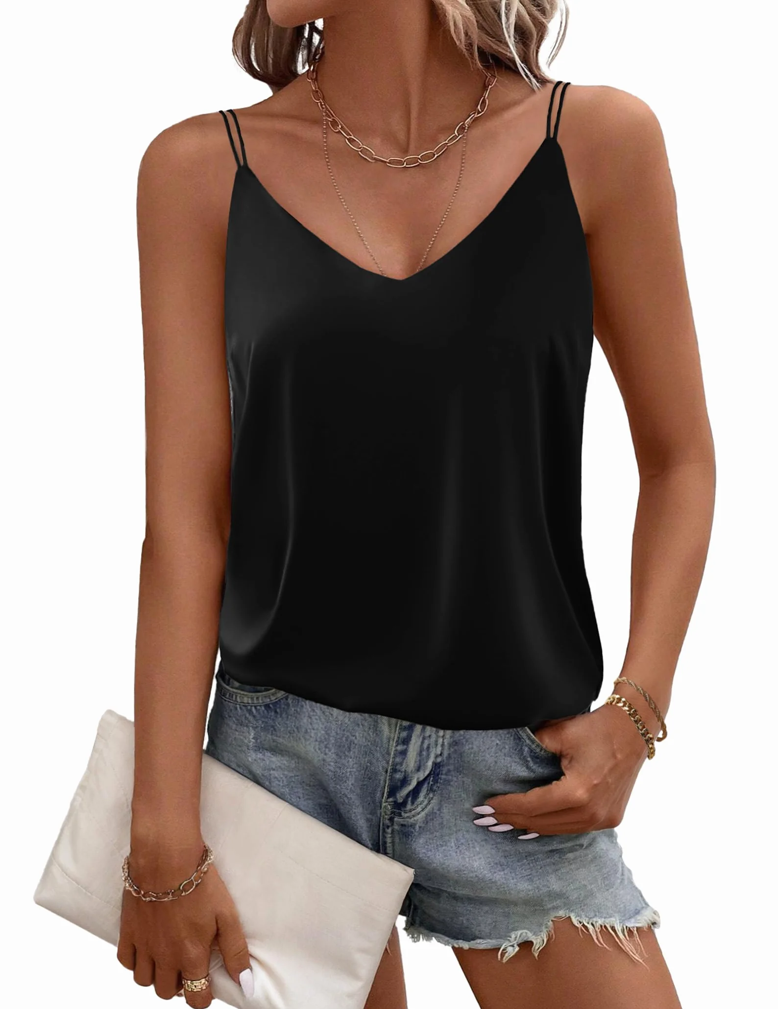 Ekouaer Top de satén para mujer, elegante, espagueti, cuello en V, básico, de seda, sin mangas, S-XXL