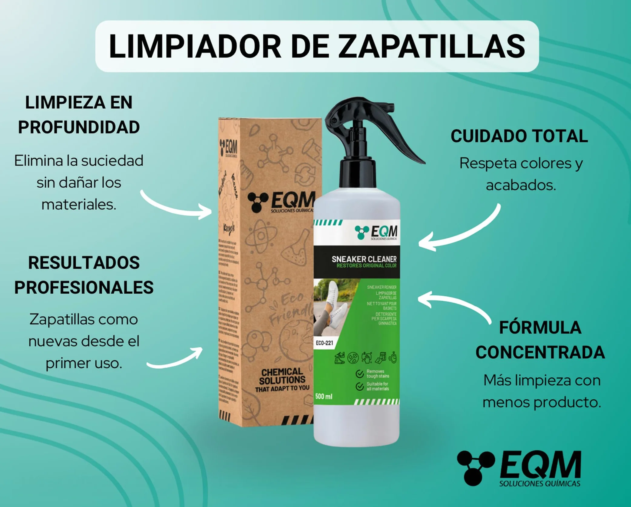 EQM - ECO-221 - Limpiador de Zapatillas - 500 ML - Fórmula Profesional para Cuero, Lona y Malla - Limpia en Profundidad, Renueva y Protege las Zapatillas
