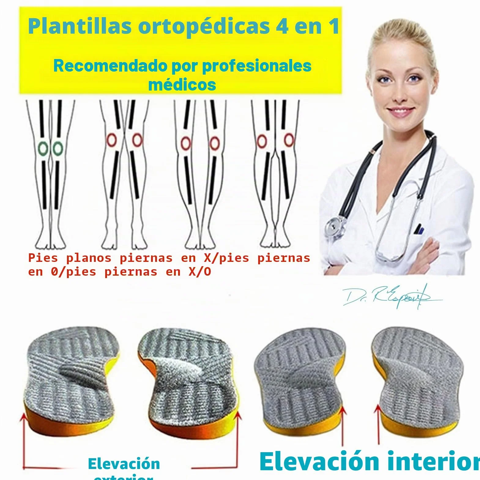 Goofort Plantillas ortopédicas 4 en 1 para corregir la postura, plantillas de gel para pies planos, soporte de arco ortopédico, sobrepronación, supinación, fascitis plantar, metatarsalgia X/O, valgus