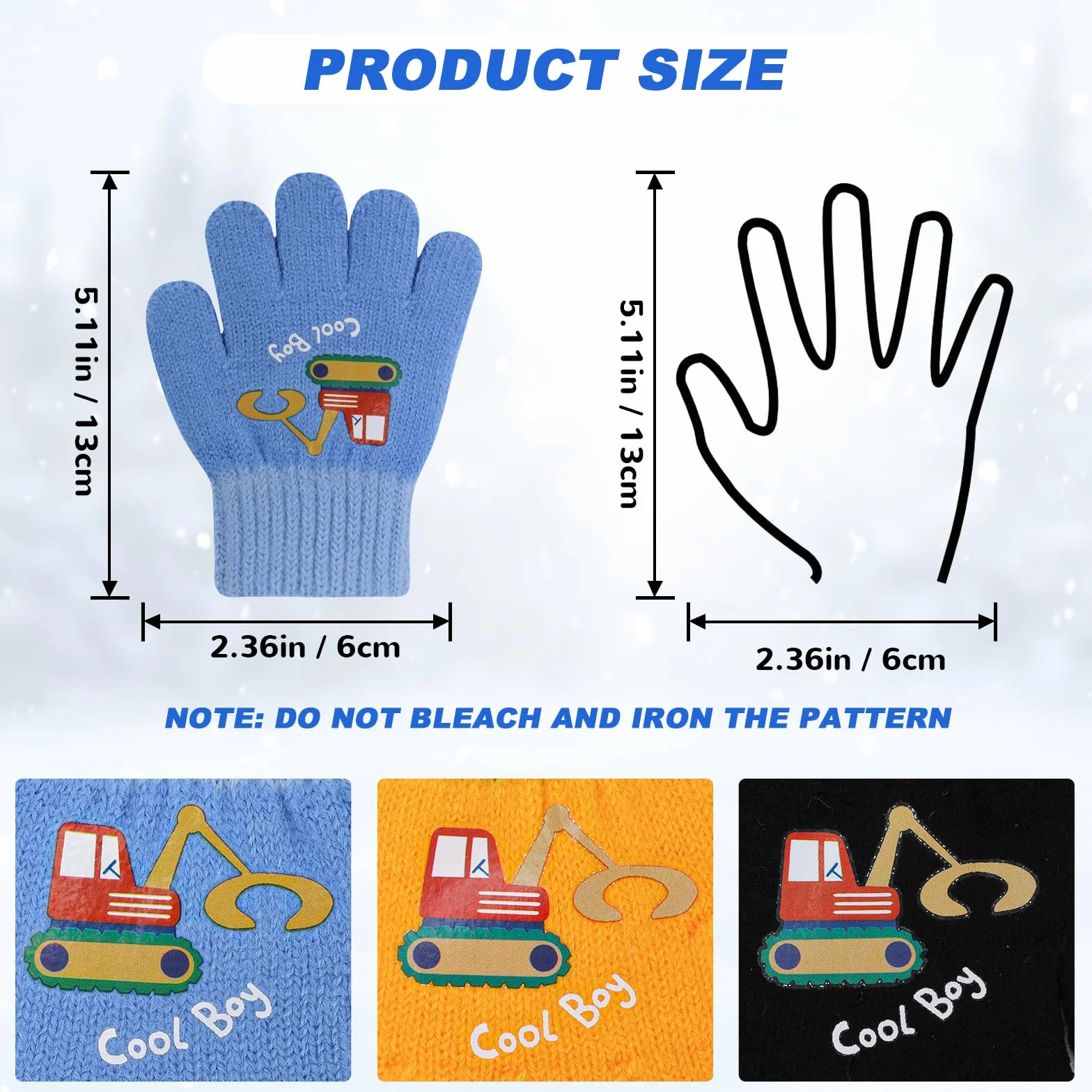 QKURT 6 Pares de Guantes de Punto para Niños Pequeños, Guantes de Invierno a Prueba de frío, Guantes Elásticos de Dedo Completo Unisex con Patrón de Excavadora para Niños de 2 a 4 Años