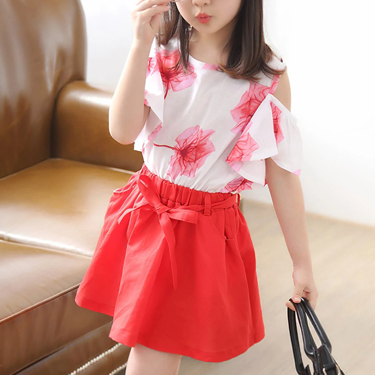 amropi Niña Floral Conjunto de Verano Camiseta de Manga Volantes y Falda 2 Piezas Ropa Set 3-12 años