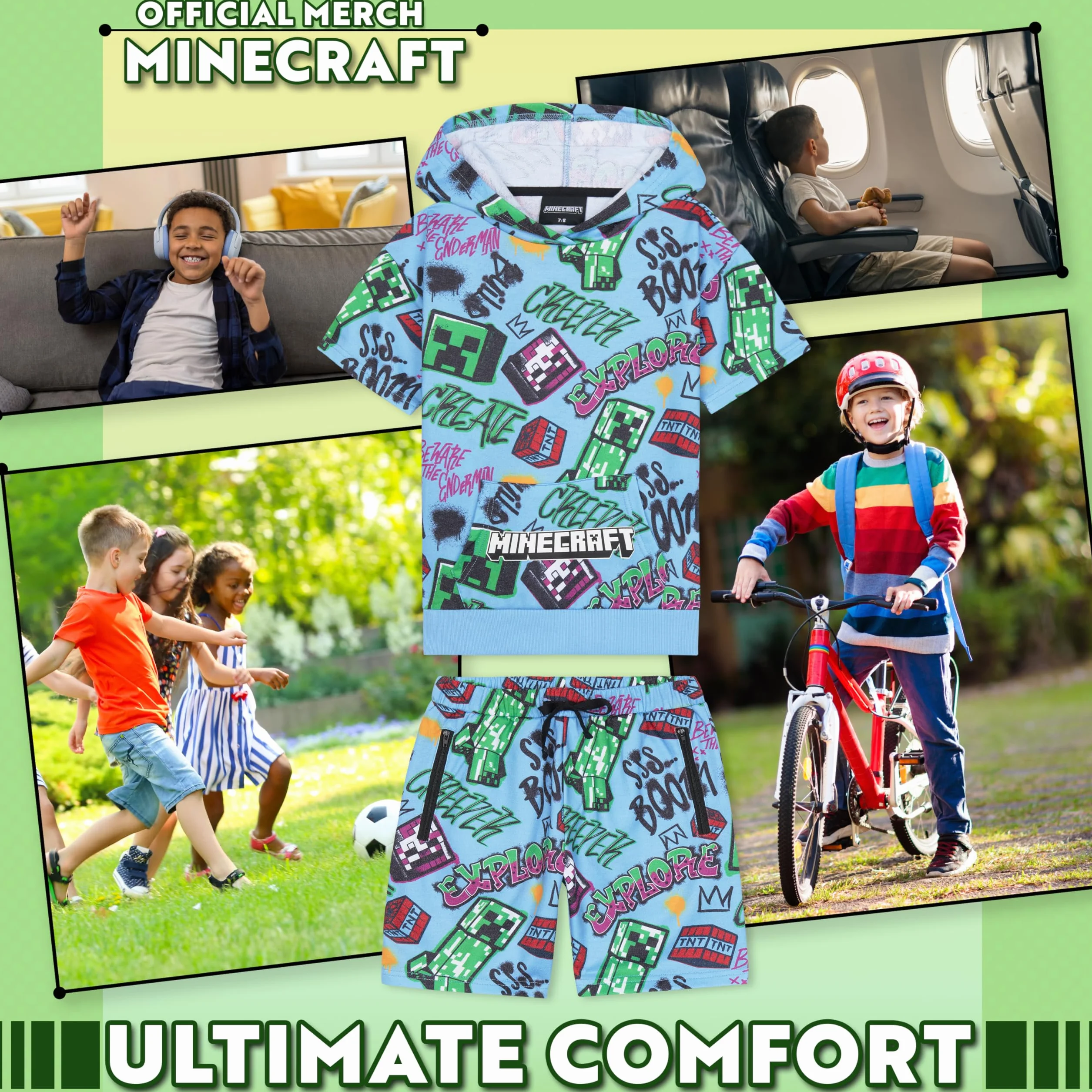 Minecraft Conjunto de 2 piezas de sudadera con capucha y pantalones cortos para niños y adolescentes, de manga corta, con capucha, bolsillos con cremallera, ropa deportiva casual