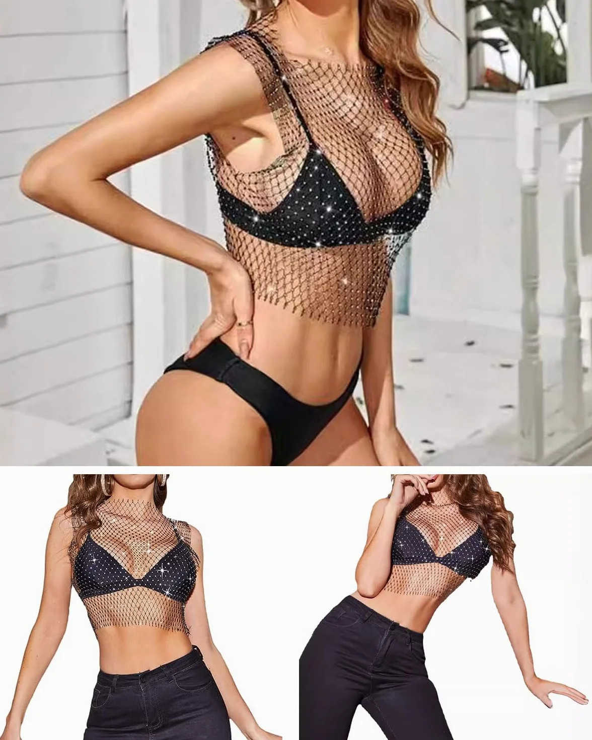 1 pieza de malla de diamantes de imitación Sheer Top, Sparkling Mesh Hollow Out Fishnet Vest Festive Fancy Dress Dance Party Rave Costume para mujeres y niñas