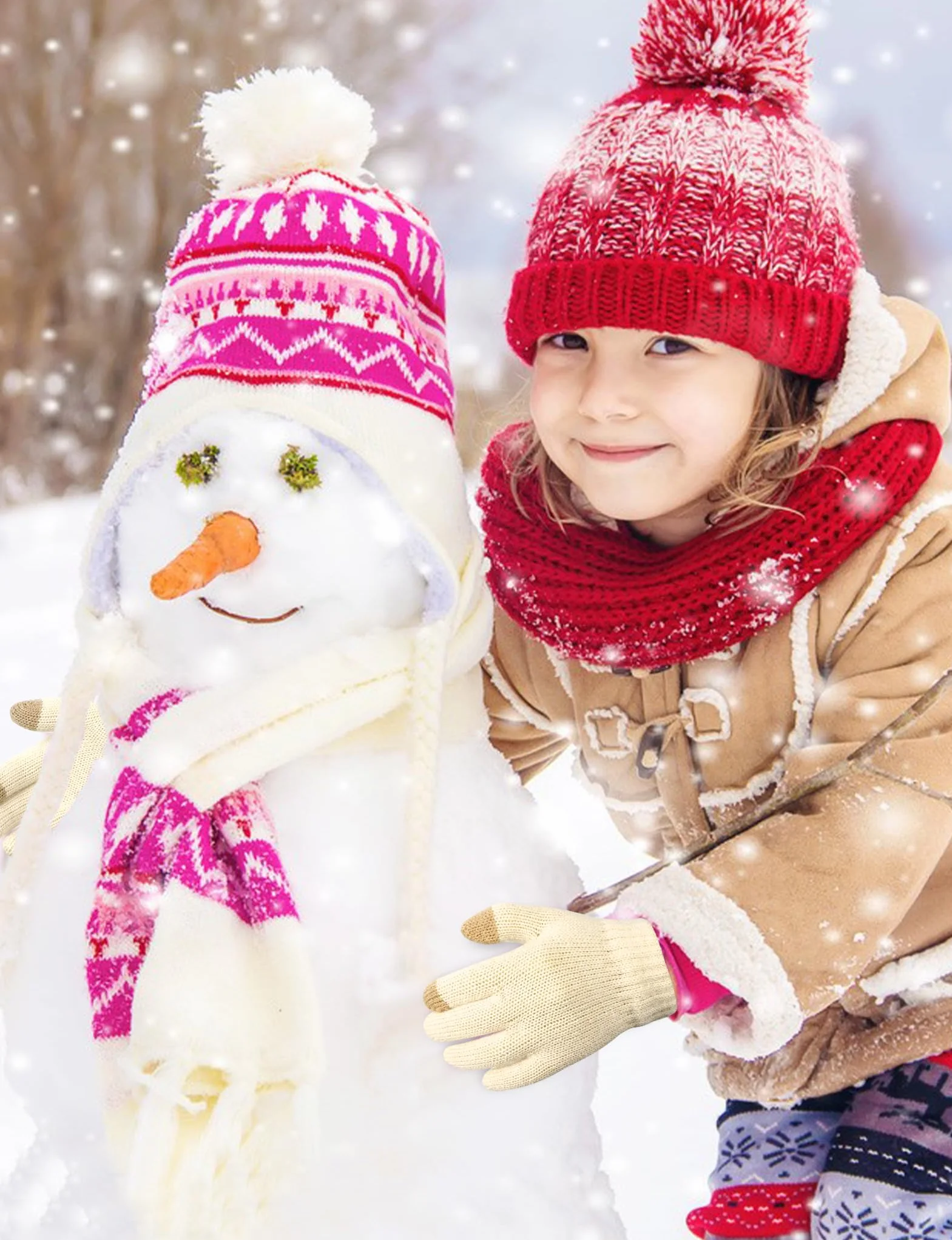 Kiiwah 2 Pares Guantes de Punto para Niños, Unisex Guantes de Dedos Completos Cálidos de Invierno, Guantes de Elásticos Mágicos de Otoño para Niños y Niñas