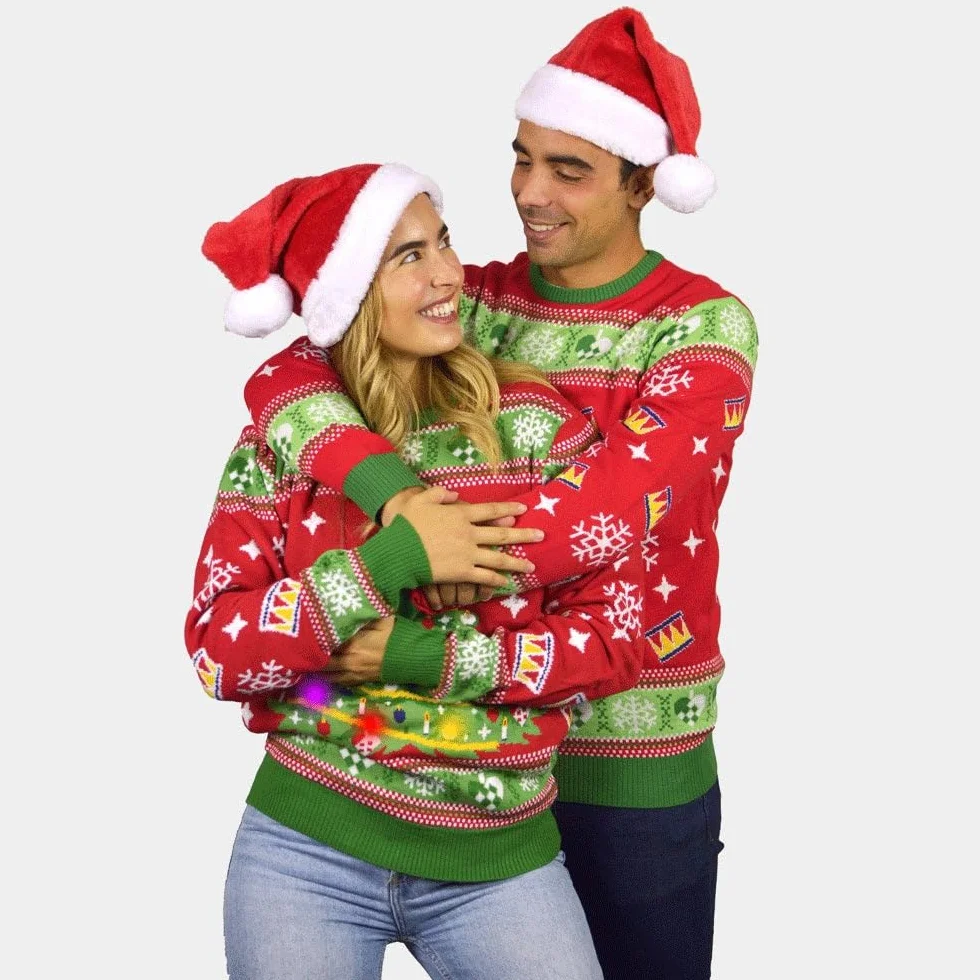 Jersey de Navidad Familia con Luces LED para Mujer, Hombre y Niños Rojo y Azul con Árbol Navidad