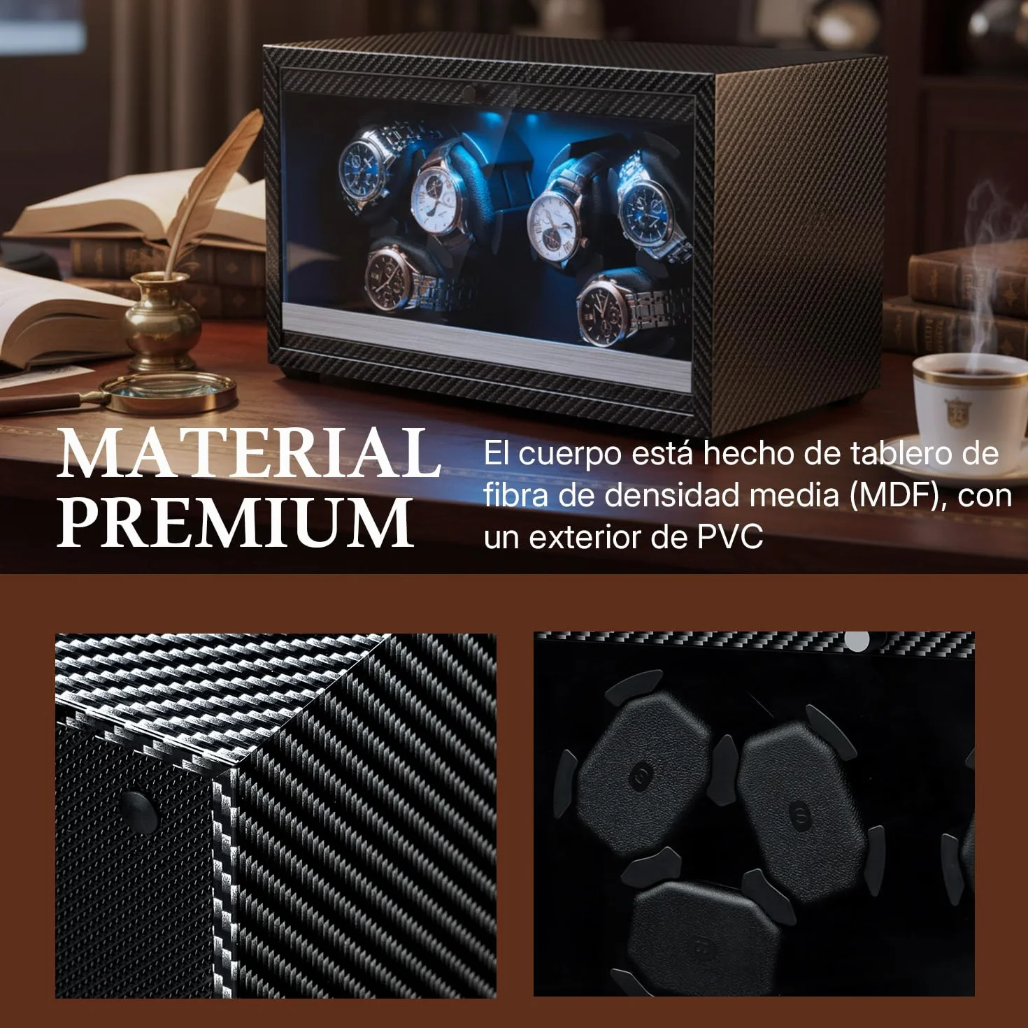 Mcbazel Enrollador Automático de Relojes para 6 Relojes con Luz LED, Motor Ultra-Silencioso Cajas Giratorias 4 Modos de Rotación, Alimentación USB DC Watch Winder de hasta 45 mm