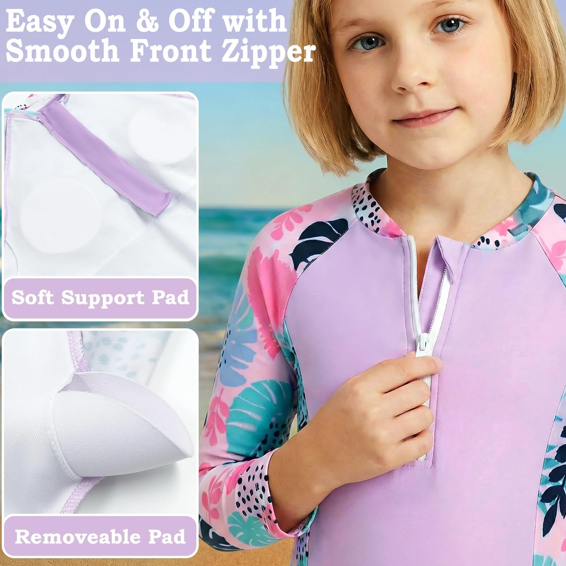 Traje de Baño Niña 2 Piezas Manga Larga Protección Solar, Estampado Top con Cremallera y Shorts Secado Rápido, Bañador Suaves Rash Guard Playa Piscina Ropa para 5-13 Años