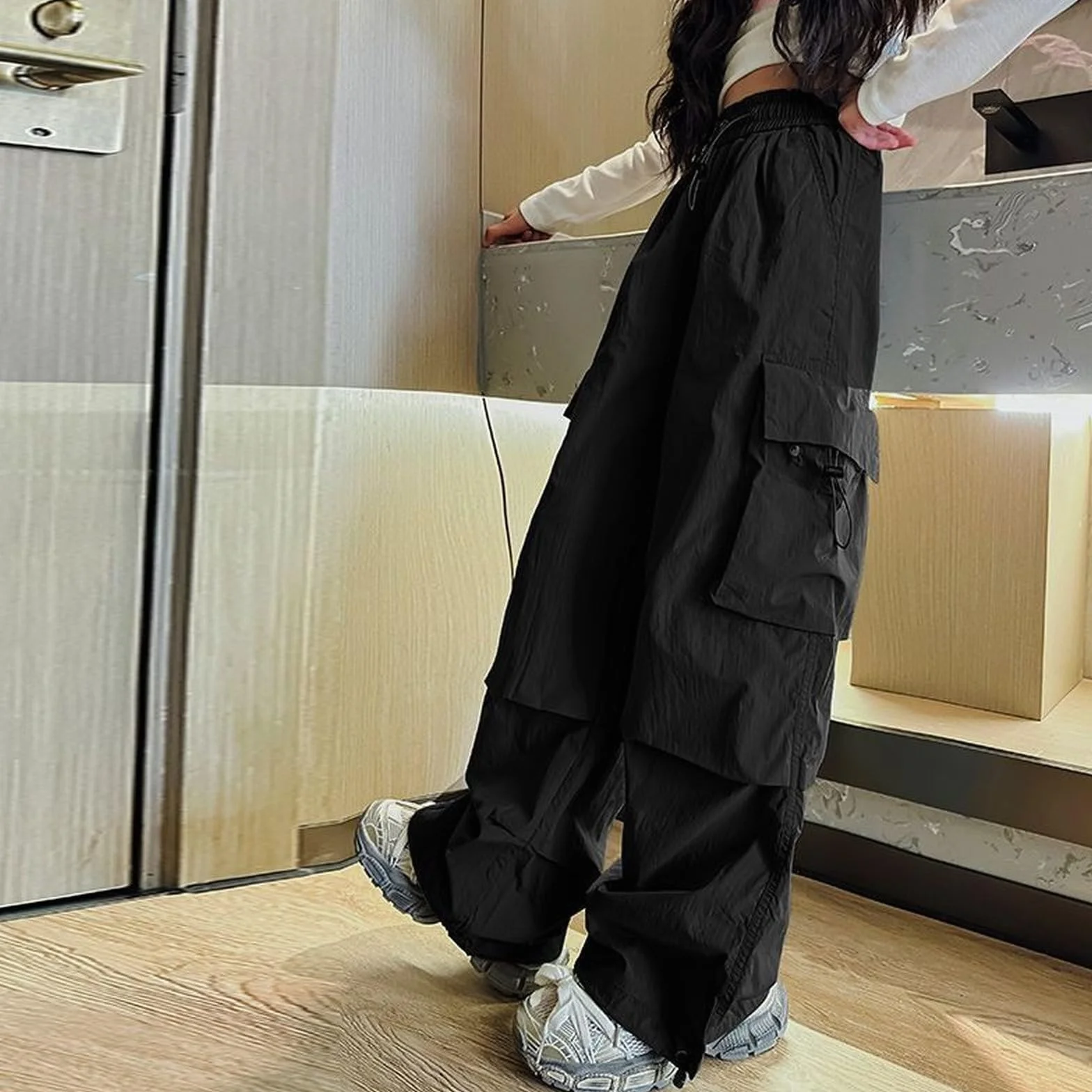 Pantalones cargo plisados para niñas, cintura elástica, rectos, holgados, de pierna ancha, pantalones deportivos para adolescentes