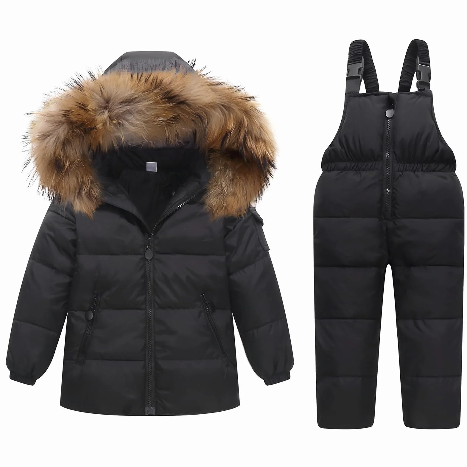 Niño Niña Conjunto de Esquí, Chaqueta con Capucha + Pantalón de Esquí Impermeable Traje de Nieve 2 Piezas Traje de Esquí Abrigos de Pluma Pantalones de nieve Pantalones de Babero, Negro 4-5 Años