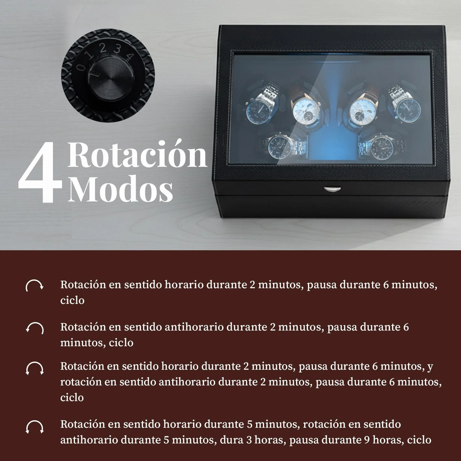 Mcbazel Automático de Relojes con Luz LED, Motor Silencioso Cajas Giratorias para Relojes 6+6 Compartimentos 4 Modos de Rotación Alimentado por USB DC, Control Independiente para Turntables | Caja MDF + piel PU Premium. 6 Enrolladores + 6 Almacenajes. Con