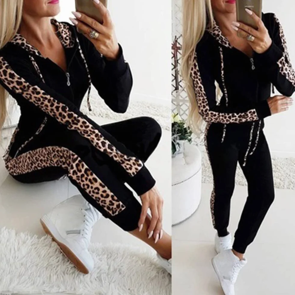amropi Mujer Leopardo Conjunto de Ropa Chandal con Capucha Tops y Pantalones Deportivos Señoras 2 Piezas Set