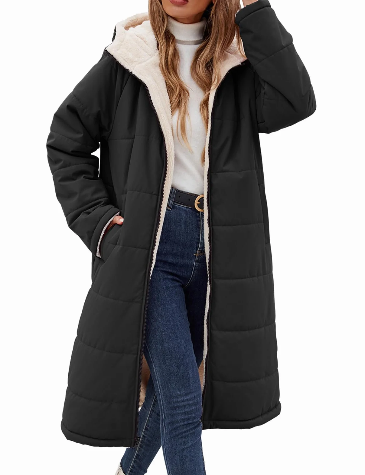 Tuopuda Chaqueta con Capucha Gruesa de Abrigo Largo de Invierno para Mujer Reversible Abrigo de Forro Polar con Cremallera y Bolsillos