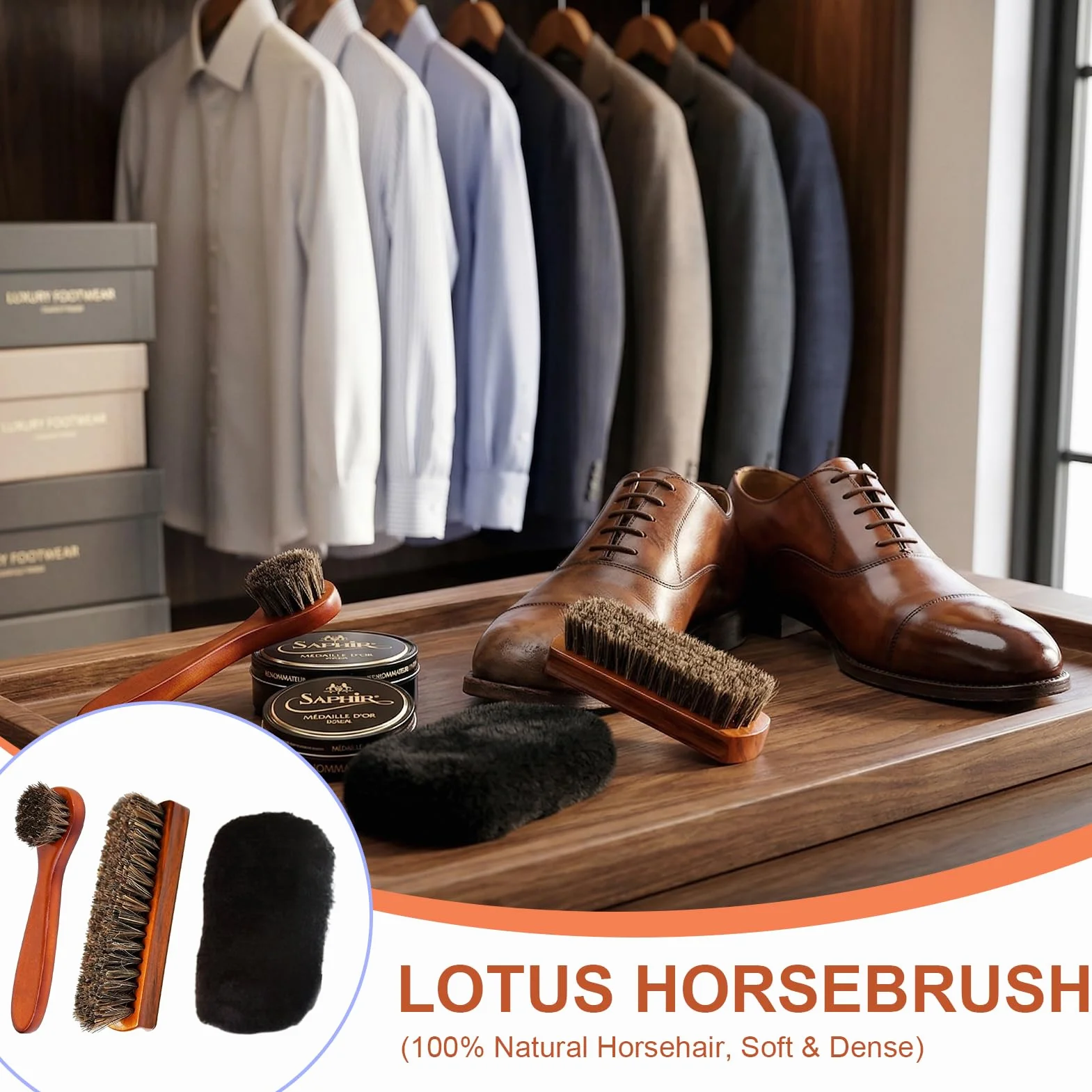 Kit Cuidado del Cuero 3 Piezas - Cepillos de Crin de Caballo Natural y Guante de Pulido - Set de Limpieza y Brillo para Zapatos, Botas, Bolsos y Asientos de Coche