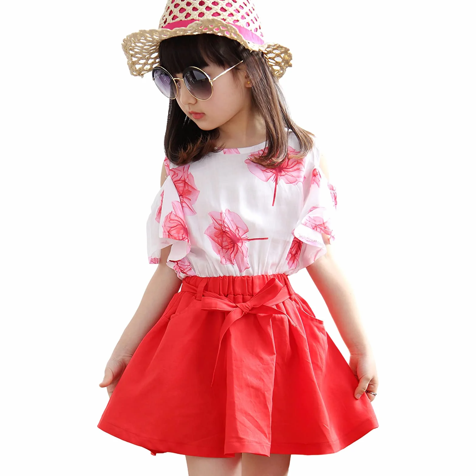 amropi Niña Floral Conjunto de Verano Camiseta de Manga Volantes y Falda 2 Piezas Ropa Set 3-12 años