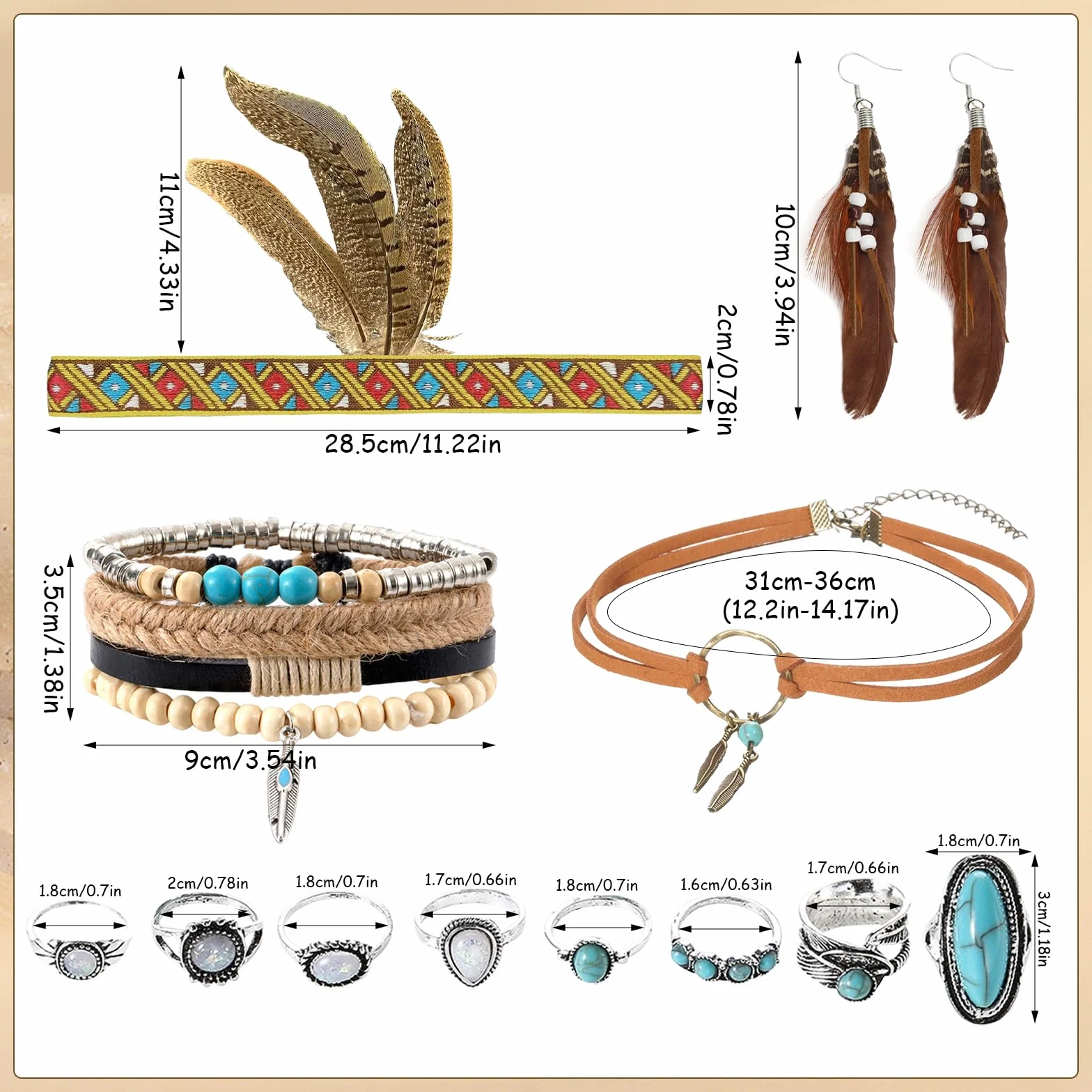 Booaee Disfraz de indio vintage boho para mujer, 12 unidades, accesorios indios, tocado indio, pluma, diadema, pendientes, collar de piel, pulsera turquesa, anillos para carnaval y más