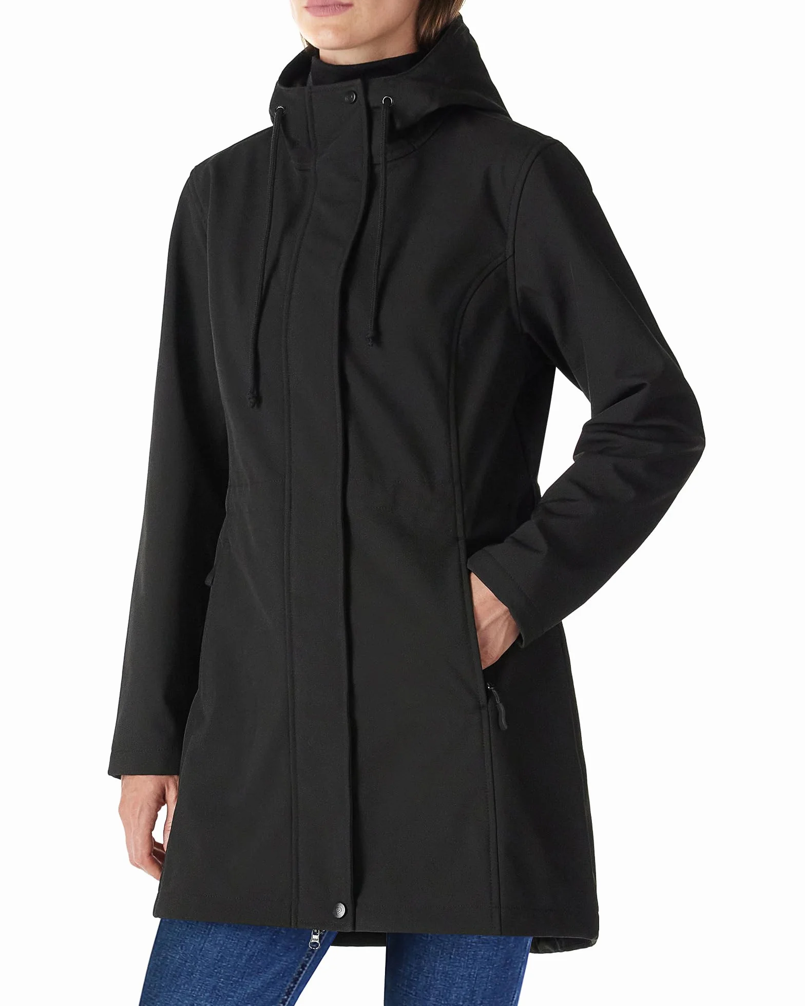 Outdoor Ventures Chaqueta de lluvia para mujer, chaqueta larga softshell con capucha para mujer, chaqueta de entretiempo, chaqueta funcional forrada impermeable, cortavientos