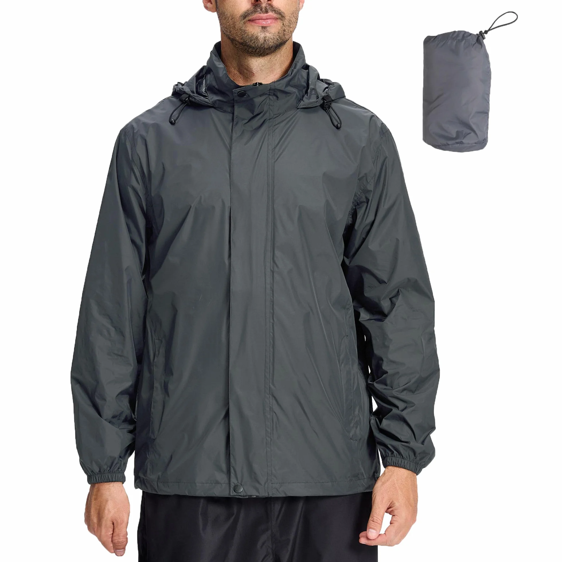 LZLER Chubasqueros para hombre, impermeables, ligeros, plegables, cortavientos, chubasquero con capucha ajustable para senderismo, camping al aire libre