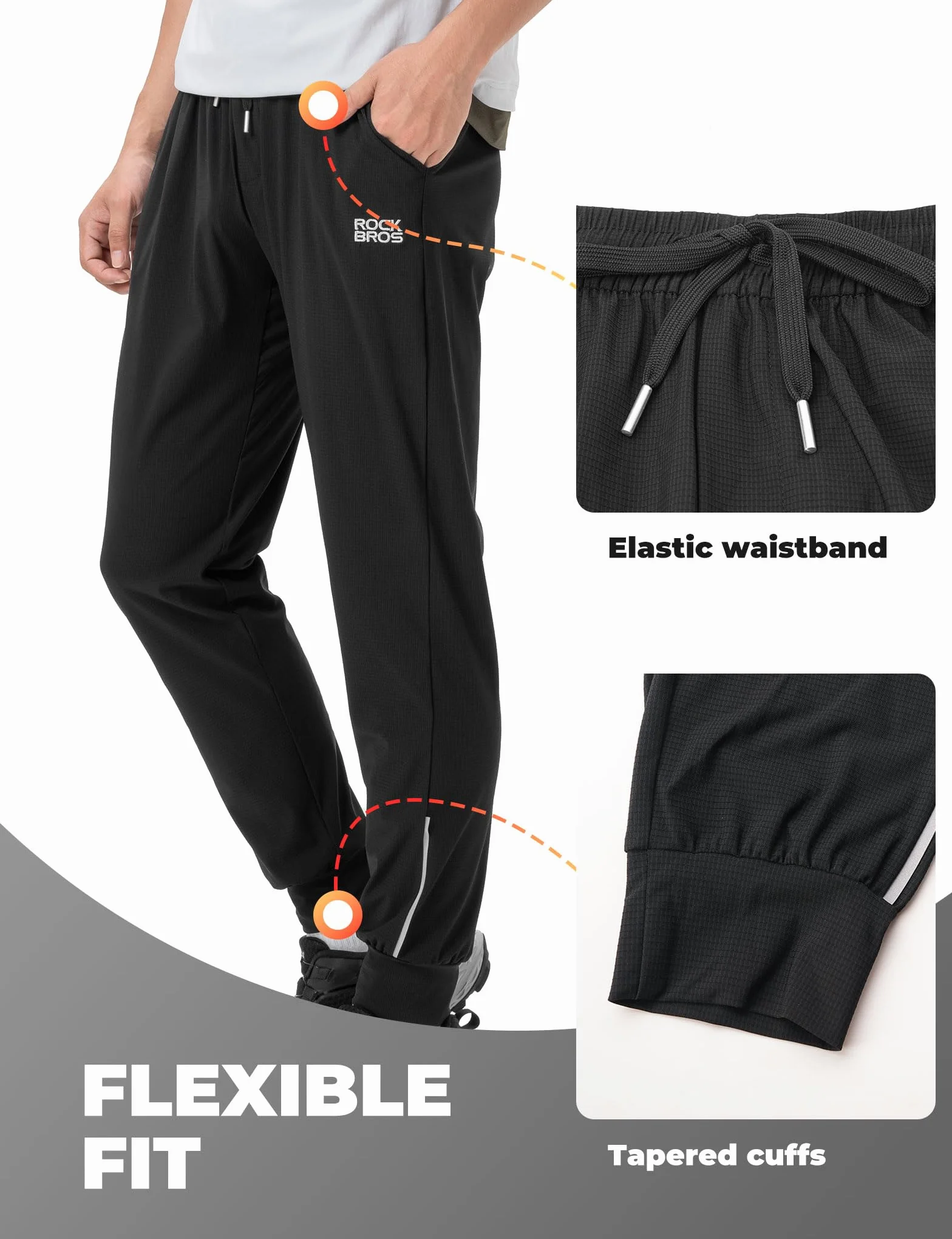 ROCKBROS Pantalones Largos de Ciclismo para Hombre, Pantalón con Bolsillos Ligero, Transpirable y Secado Rápido, Reflectantes para Entrenamiento Running Bicicleta de Carretera y MTB, Negro