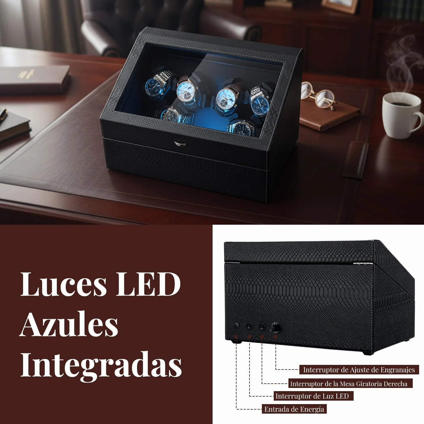 Mcbazel Automático de Relojes con Luz LED, Motor Silencioso Cajas Giratorias para Relojes 6+6 Compartimentos 4 Modos de Rotación Alimentado por USB DC, Control Independiente para Turntables | Caja MDF + piel PU Premium. 6 Enrolladores + 6 Almacenajes. Con