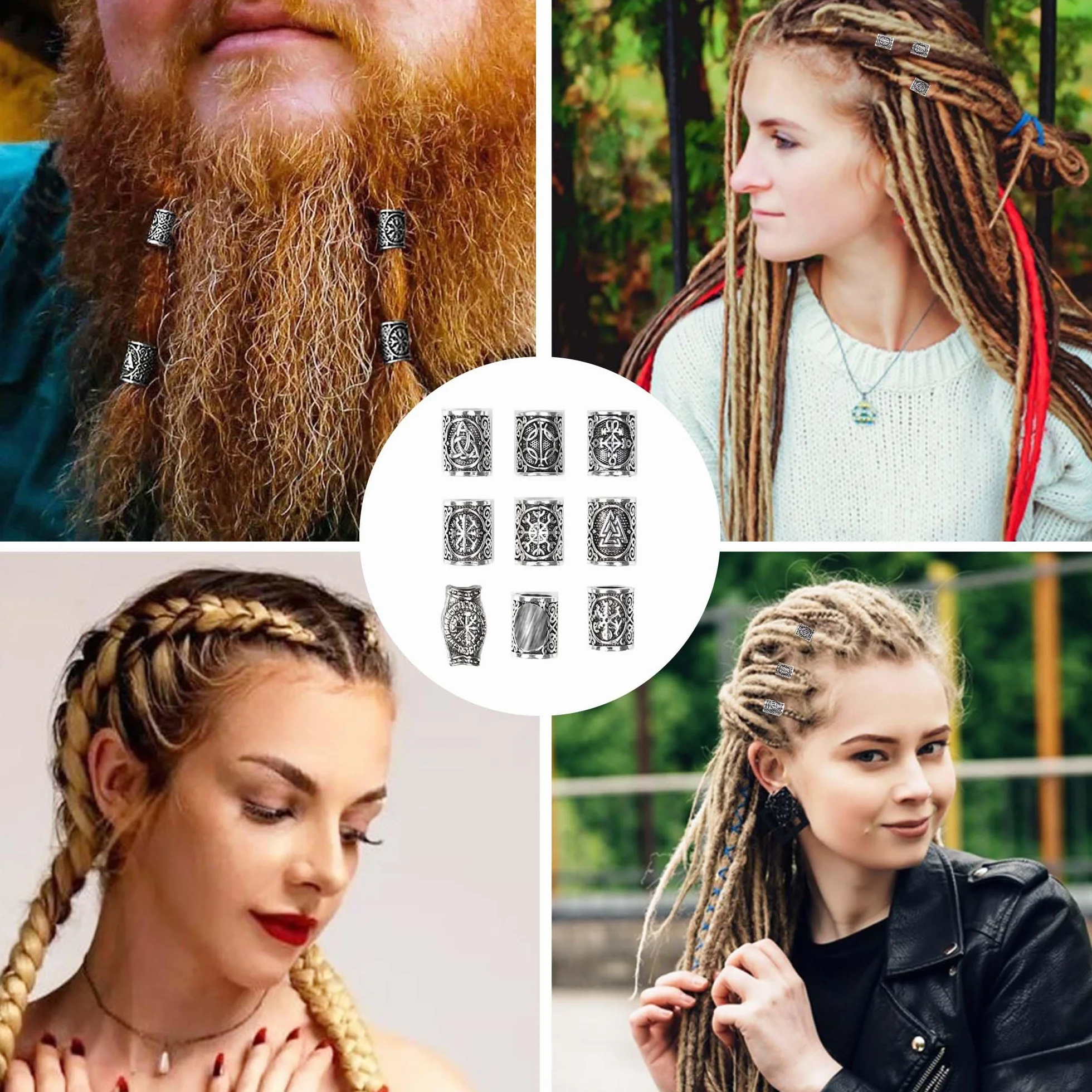 Juego de 9 cuentas vikingas para barba vikinga, para rastas y barba, juego de perlas vikingas nórdicas para mujeres y hombres, trenzas, decoración para trenzar el cabello, joyas de bricolaje