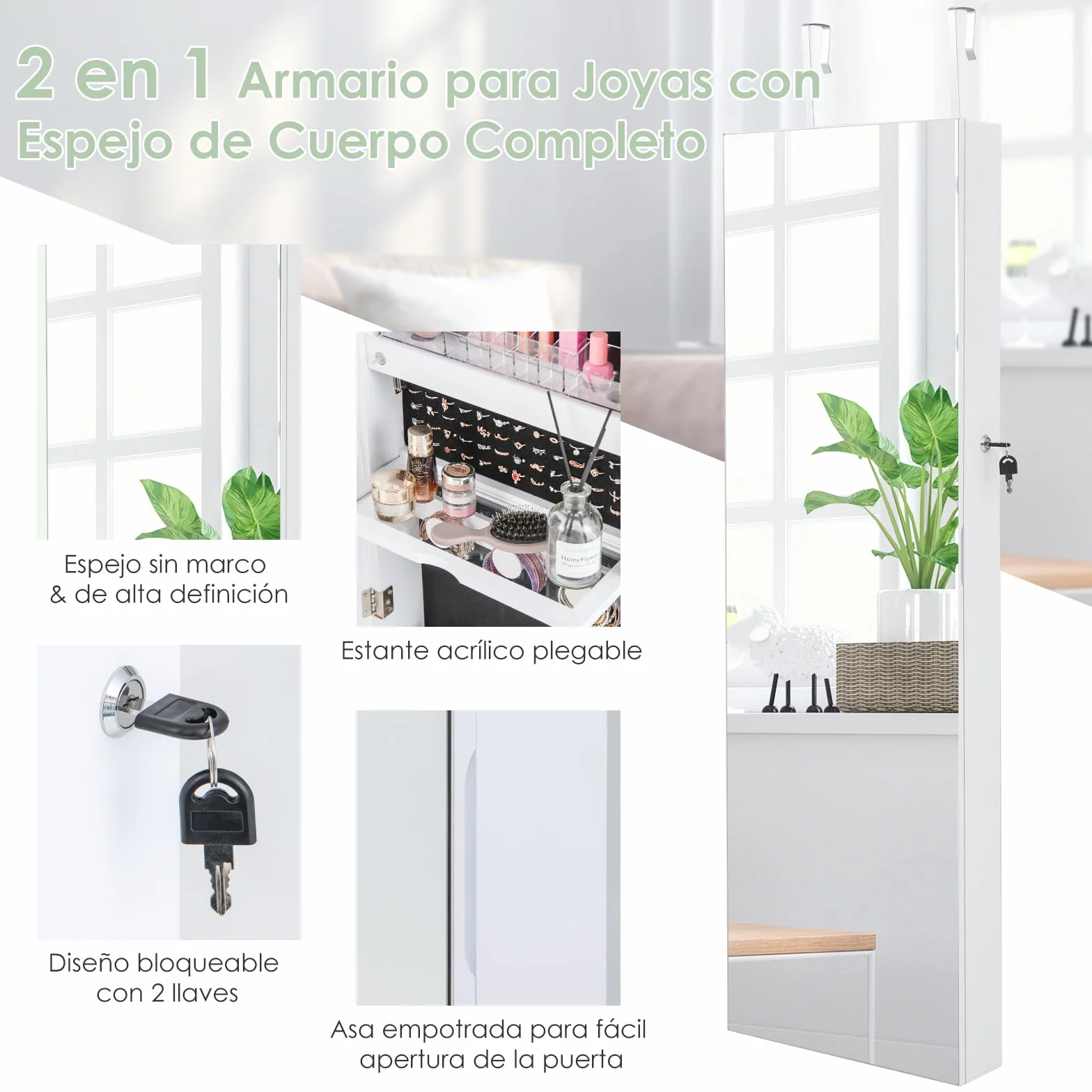 COSTWAY Armario Joyero con Espejo de Puerta para Joyas con Cerradura y Luces de 3 Colores - Espejo Interior con Estante Plegable y Cajas de Almacenamiento de Plástico (Blanco)