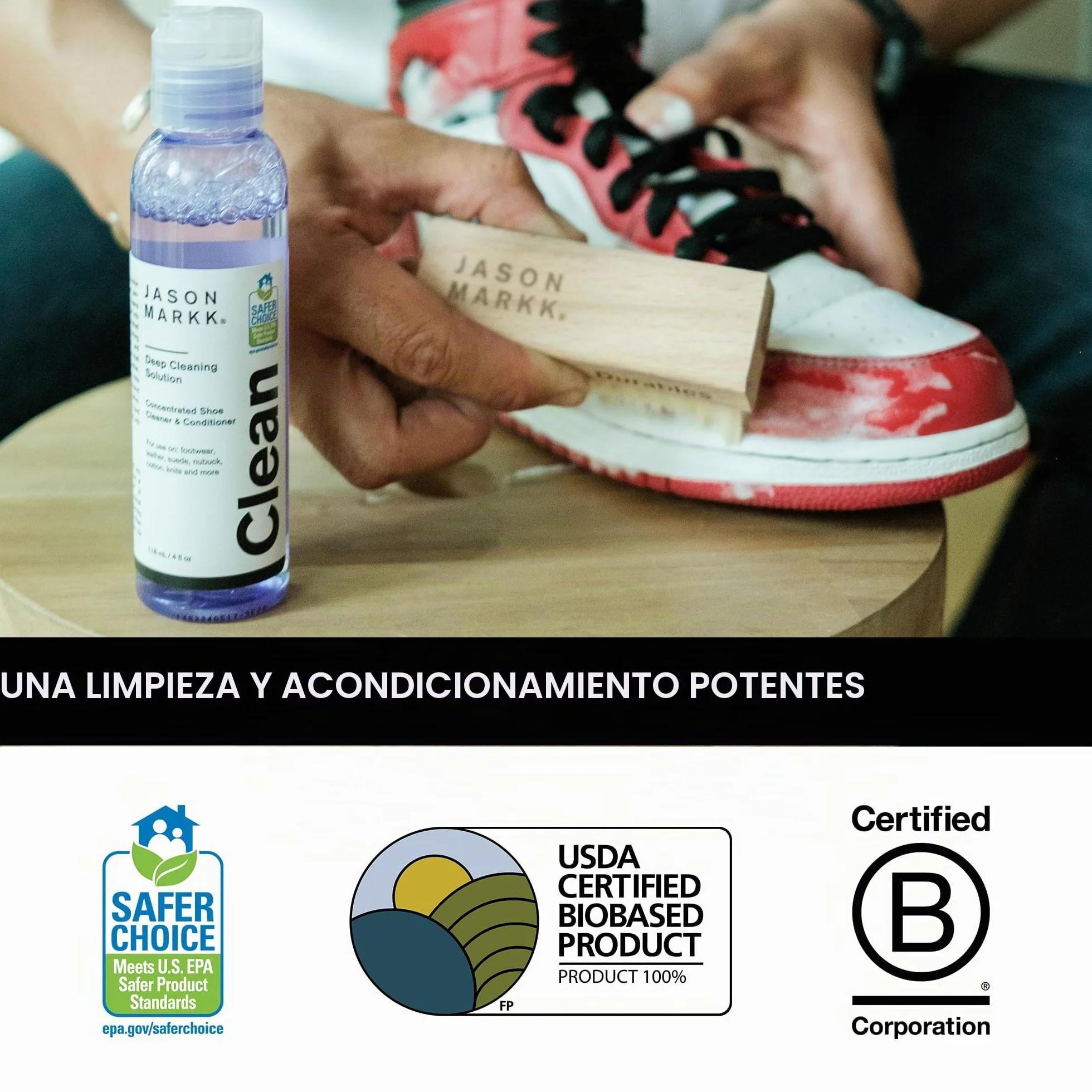 Jason Markk Solución de Limpieza Profunda, Limpiador de Zapatos, Cuidado de Entrenadores, Limpia y acondiciona, Ideal para Calzado, Seguro para Cuero, Gamuza, Nobuck, algodón, Puntos, 8 onzas