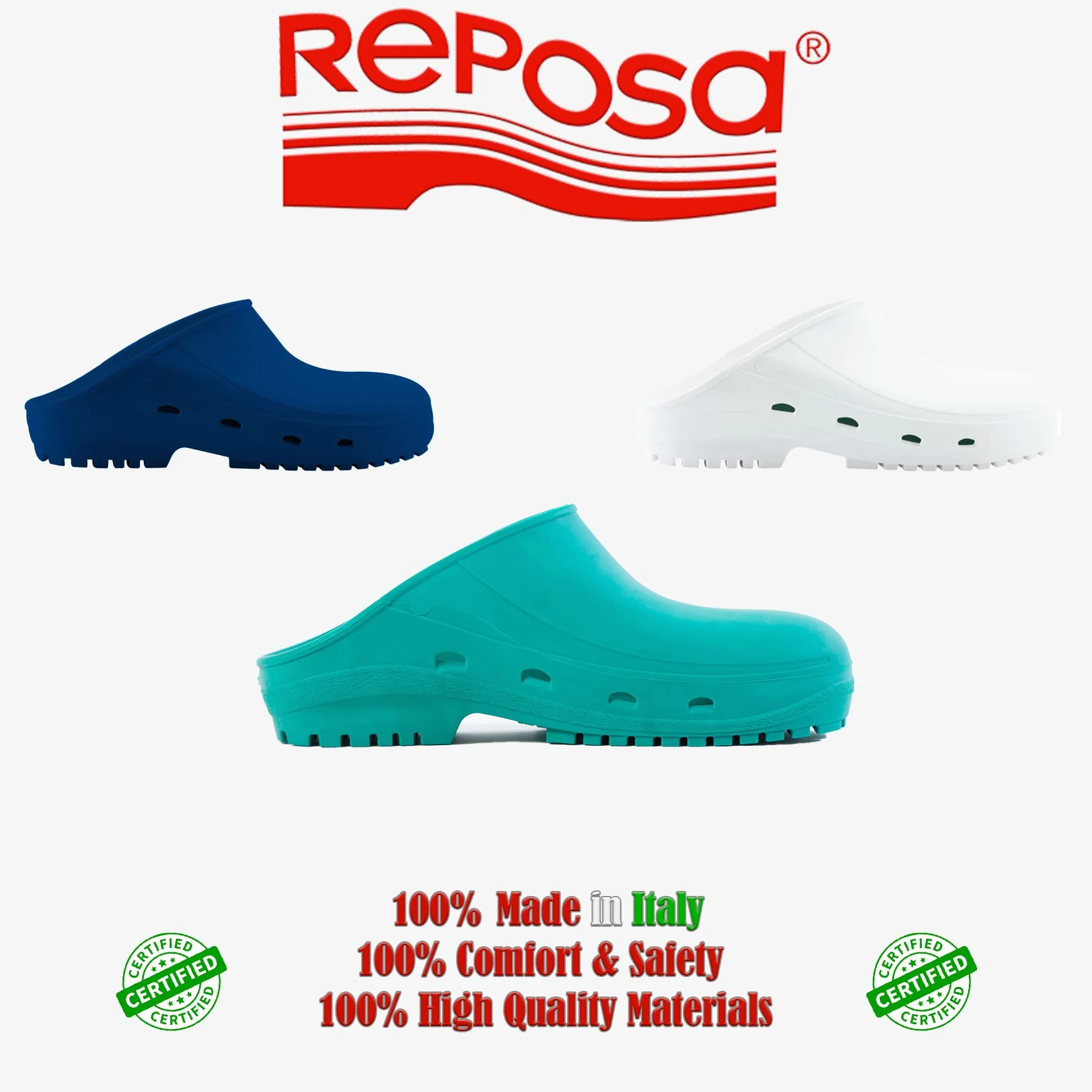 REPOSA Easy - Zuecos Sanitarios Mujer y Hombre en Goma con Suela Antideslizante SRC, Zuecos Enfermera Anatómicos sin Correa, Zapatos Sanitarios Esterilizables, Antishock y Transpirables