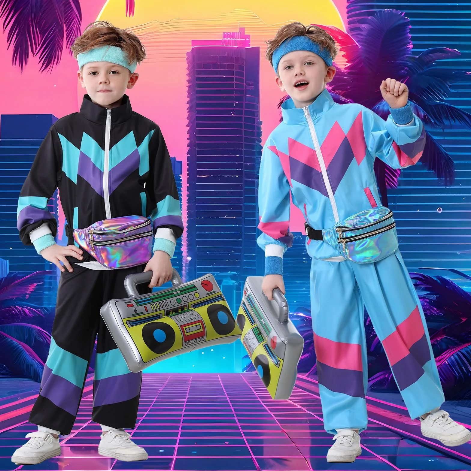 Ezuwail Traje deportivo para niños de los años 80 y 90 para niños y niñas, 6 piezas, unisex, retro, cortavientos, entrenamiento, hip hop, disfraz de baile