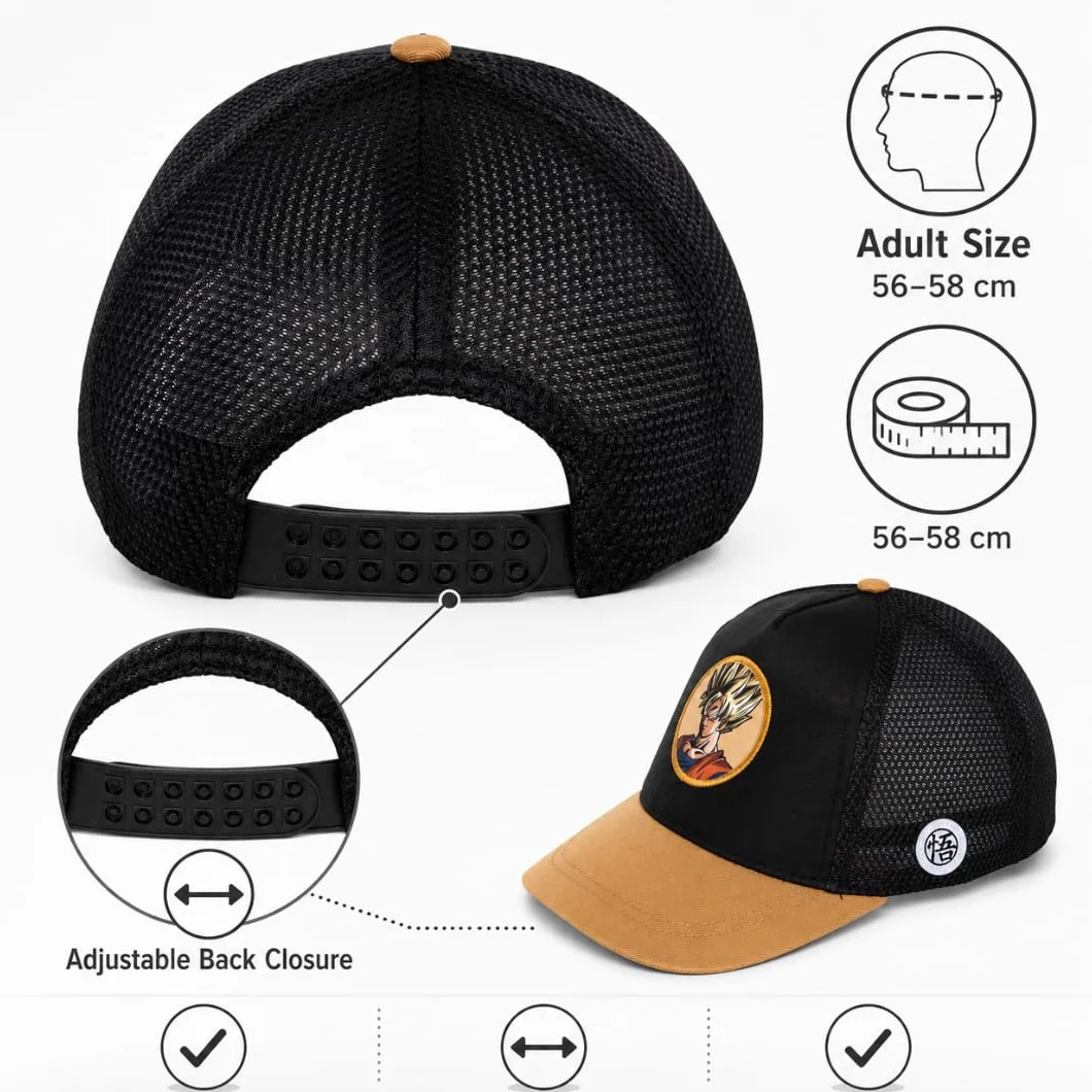 Gorra Dragon Ball Z para Niño y Juvenil, Gorra Infantil de Visera con Rejilla, Negra y Marrón, Bordados Frontal y Lateral, Talla Única 51-54 Centimetros