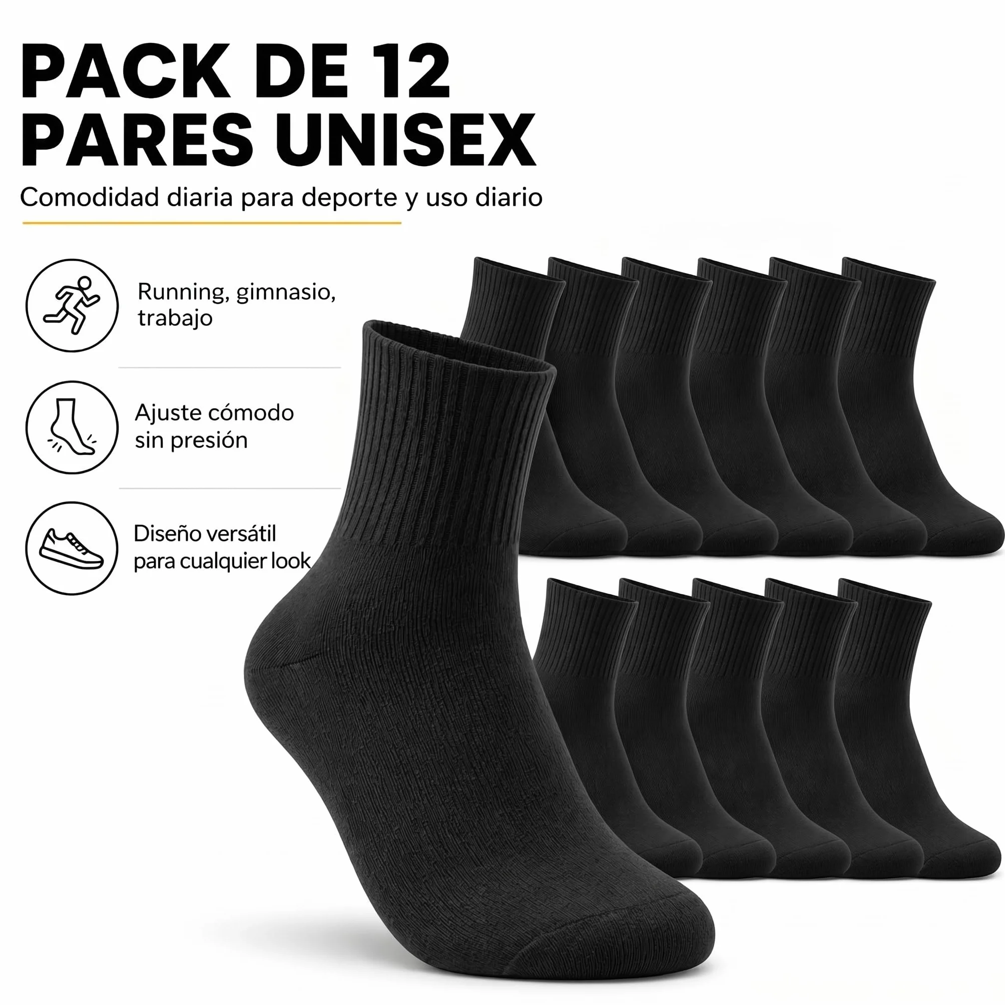 12 Pares Calcetines Deporte Hombre Mujer – Pack Calcetines Caña Media Unisex para Running, Gimnasio, Tenis, Trabajo, Uso Diario – 85 % Algodón Transpirables, Cómodos y Suaves.