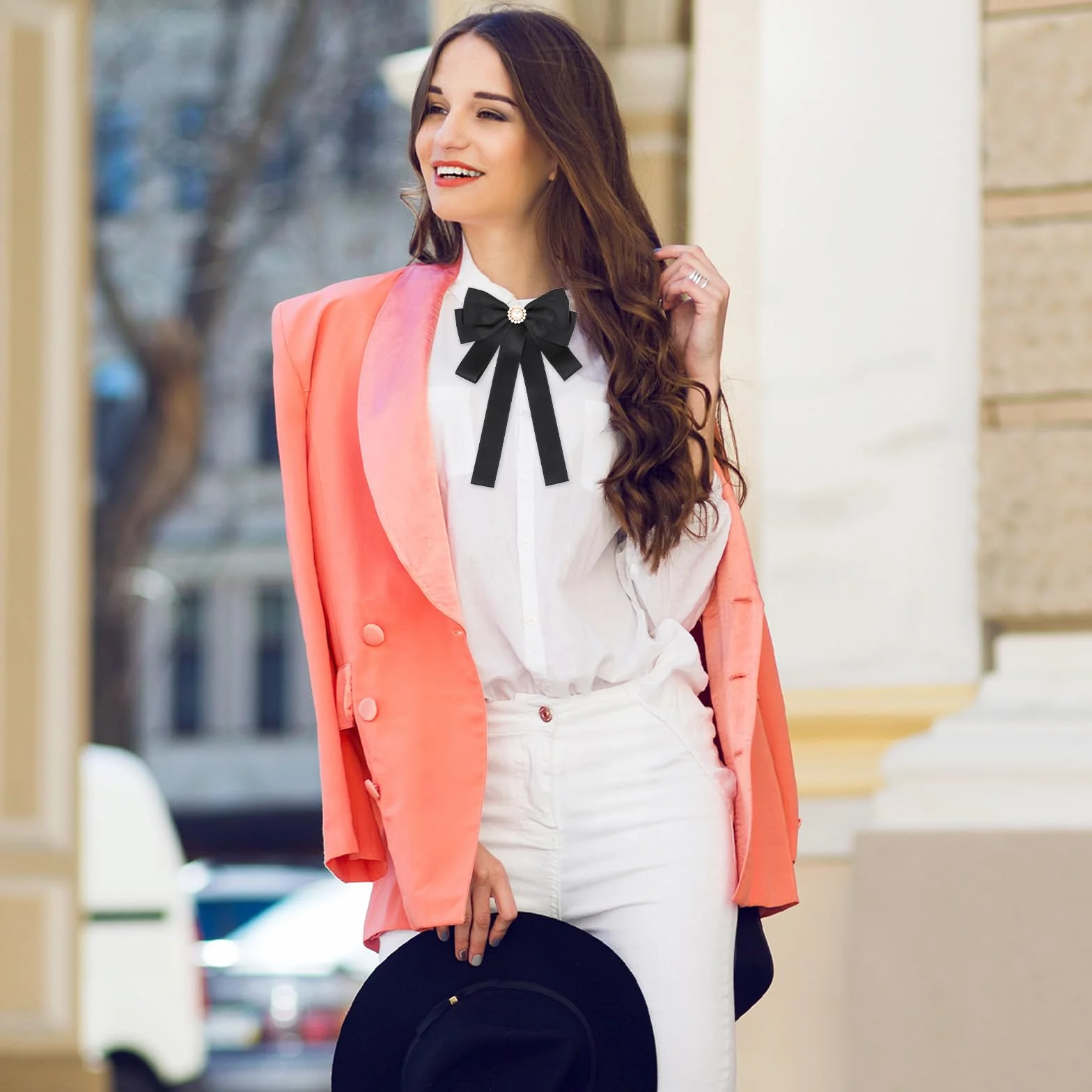 Pajarita preatada negra para mujer, pajarita con perla, elegante broche de lazo, corbata para mujer, para uniforme escolar, camiseta de fiesta, accesorios de fiesta