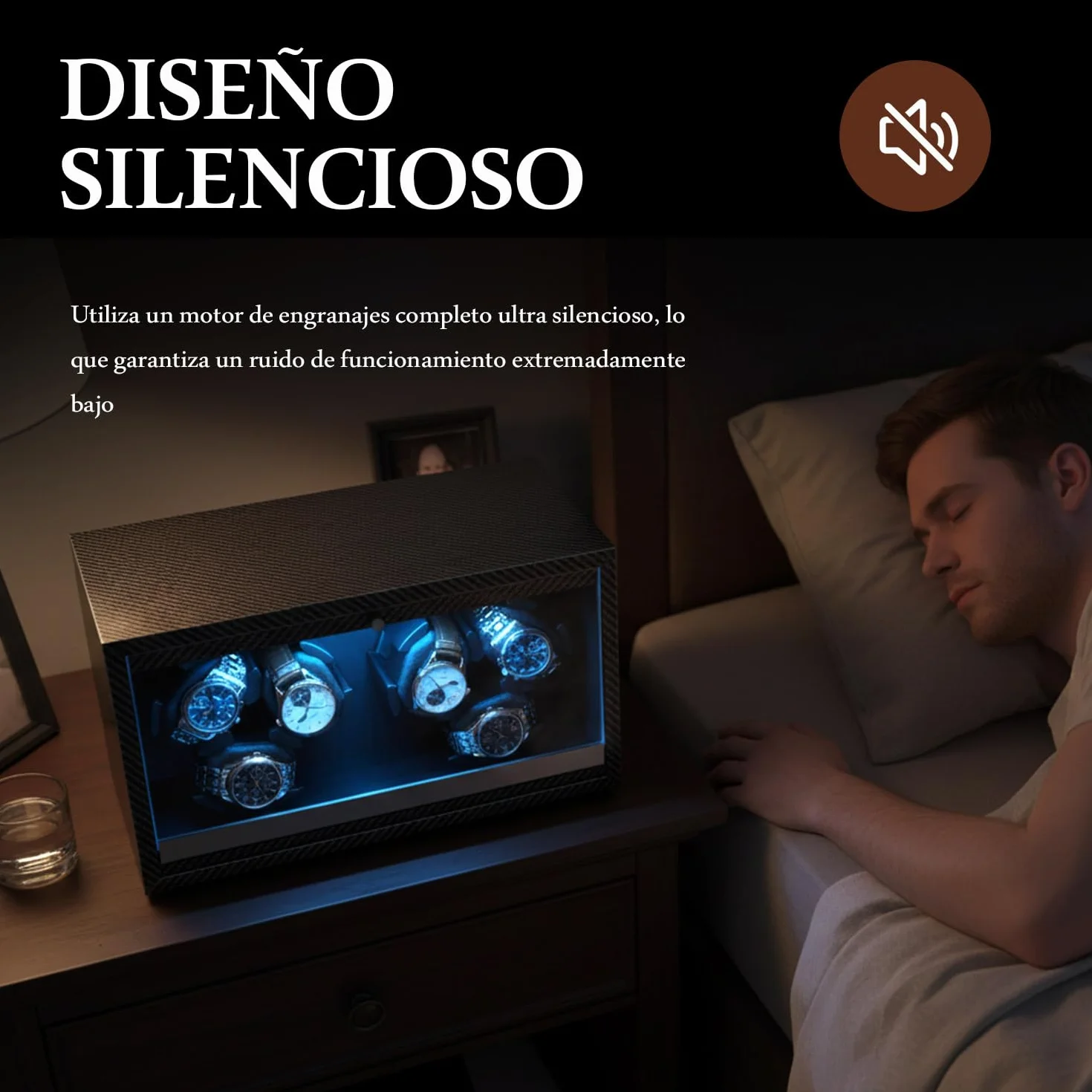 Mcbazel Enrollador Automático de Relojes para 6 Relojes con Luz LED, Motor Ultra-Silencioso Cajas Giratorias 4 Modos de Rotación, Alimentación USB DC Watch Winder de hasta 45 mm