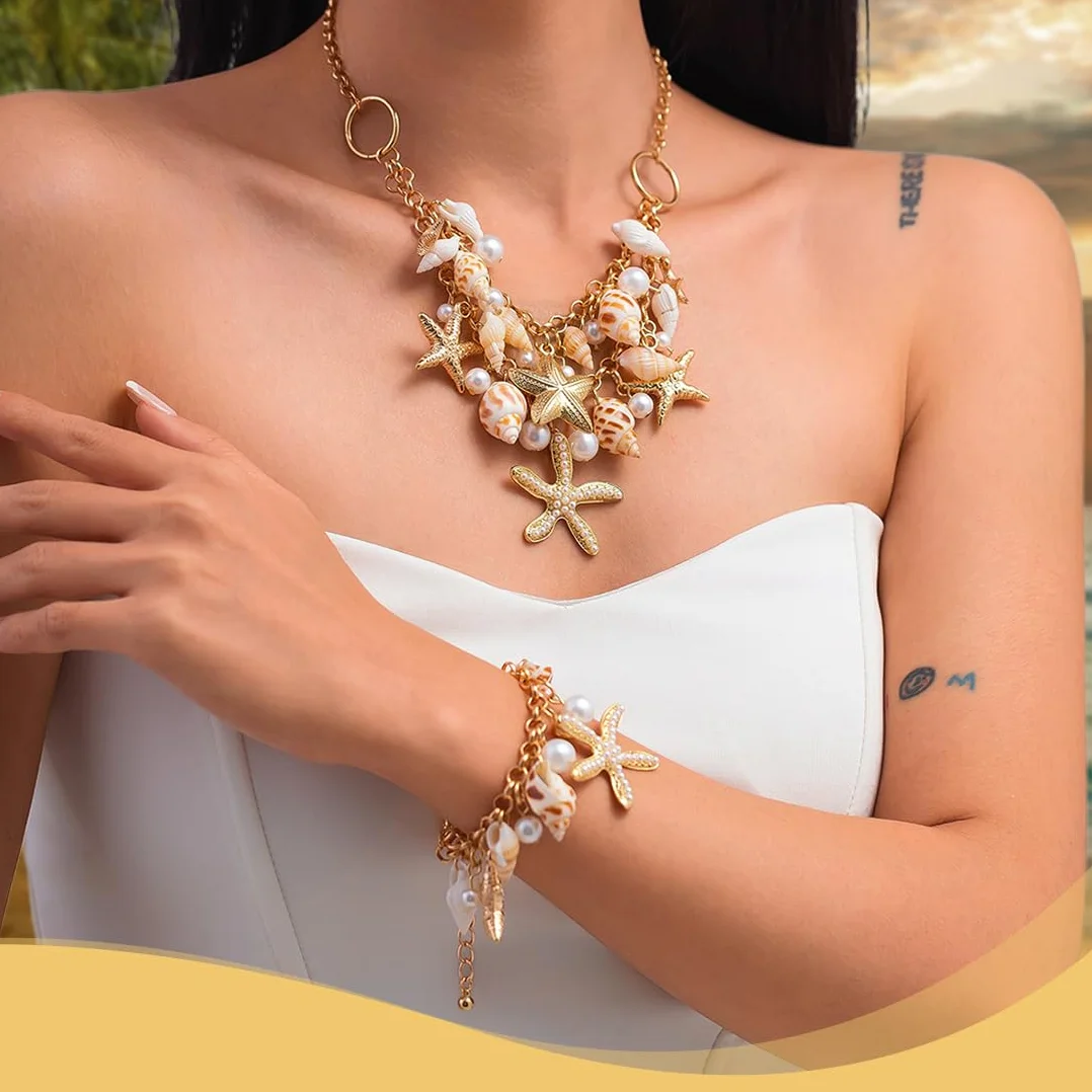Juego de joyas de disfraz de sirena para mujer, accesorios de disfraz de sirena, estrella de mar, caracola, concha, collar, pulsera, perlas, estrella de mar, aretes de clip para el pel(A)