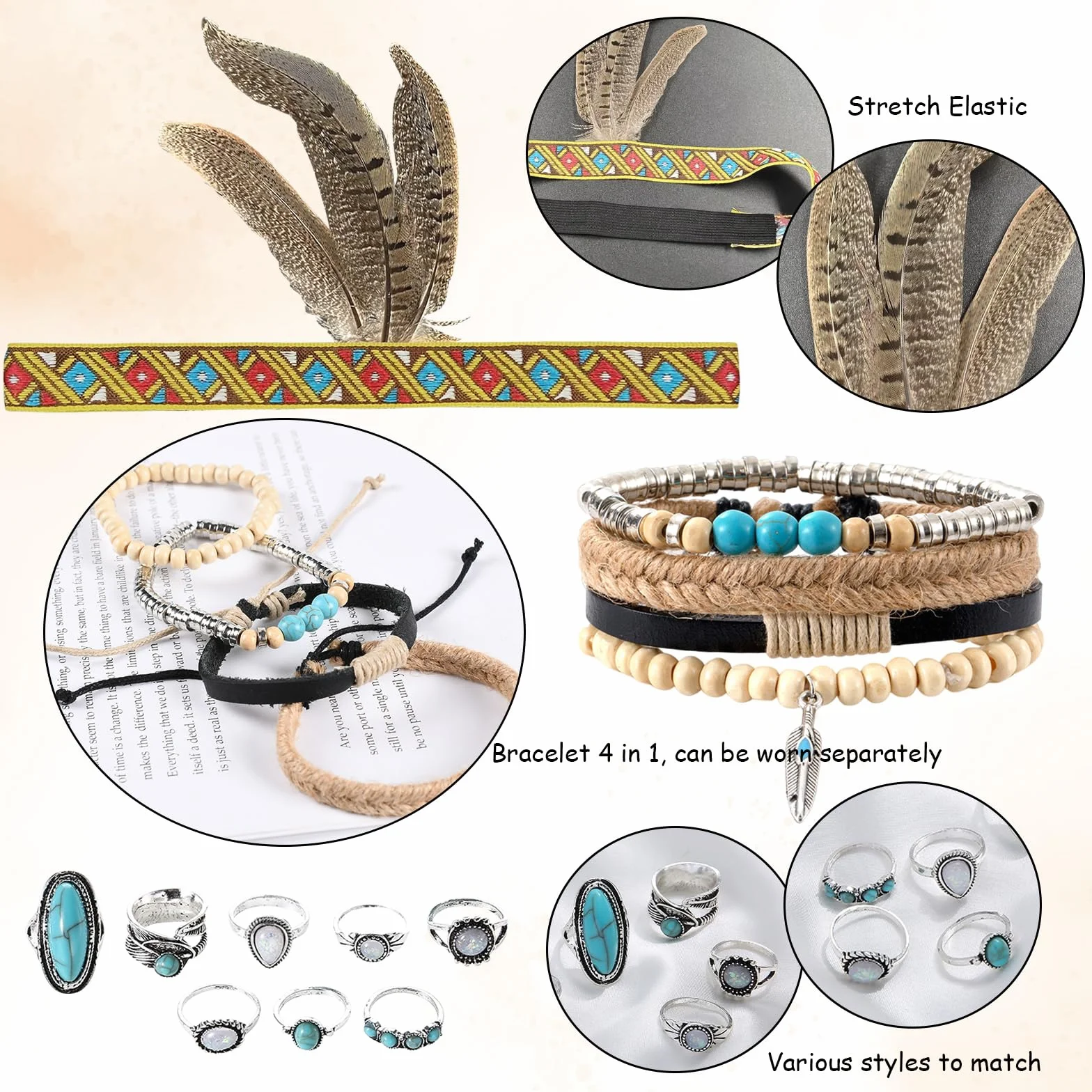 Booaee Disfraz de indio vintage boho para mujer, 12 unidades, accesorios indios, tocado indio, pluma, diadema, pendientes, collar de piel, pulsera turquesa, anillos para carnaval y más