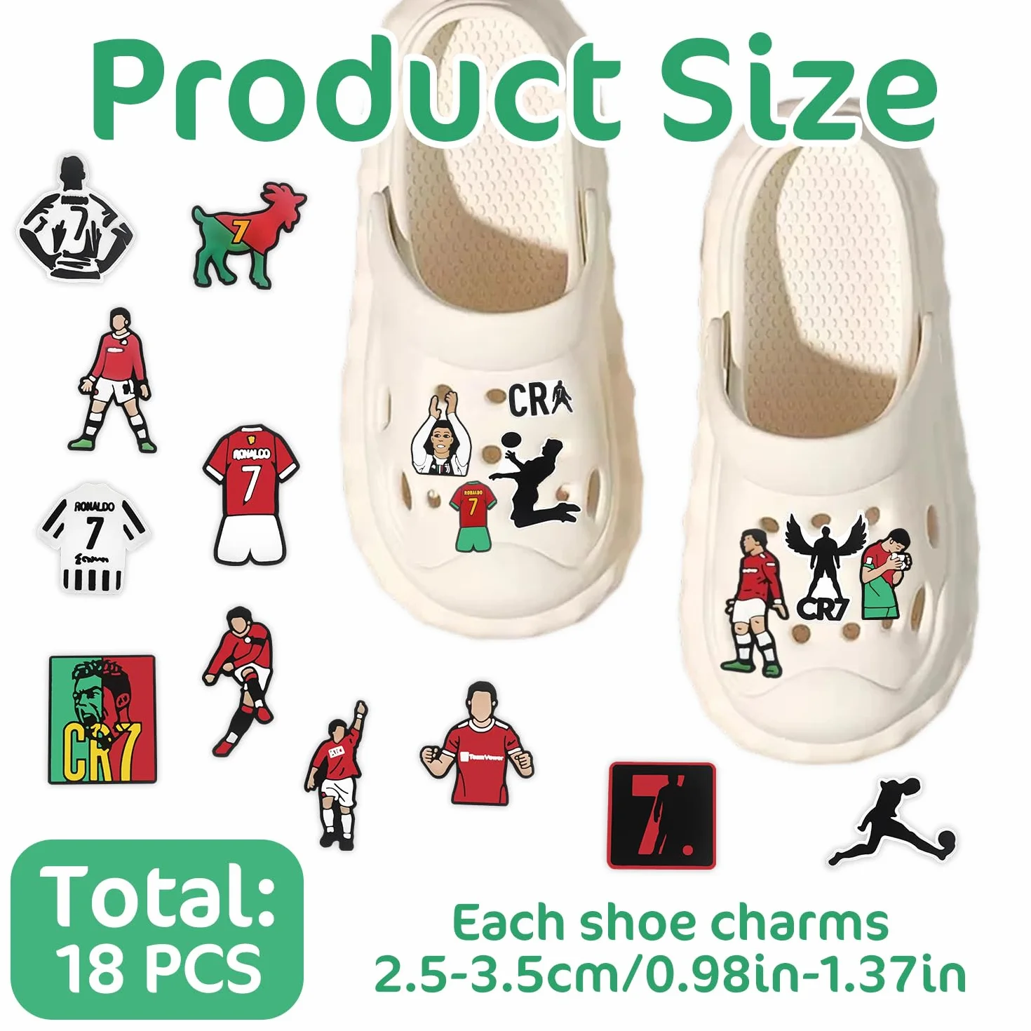 Croc CR7 18 dijes para zapatos, accesorio de cocodrilo para adultos y niños, fútbol para zuecos