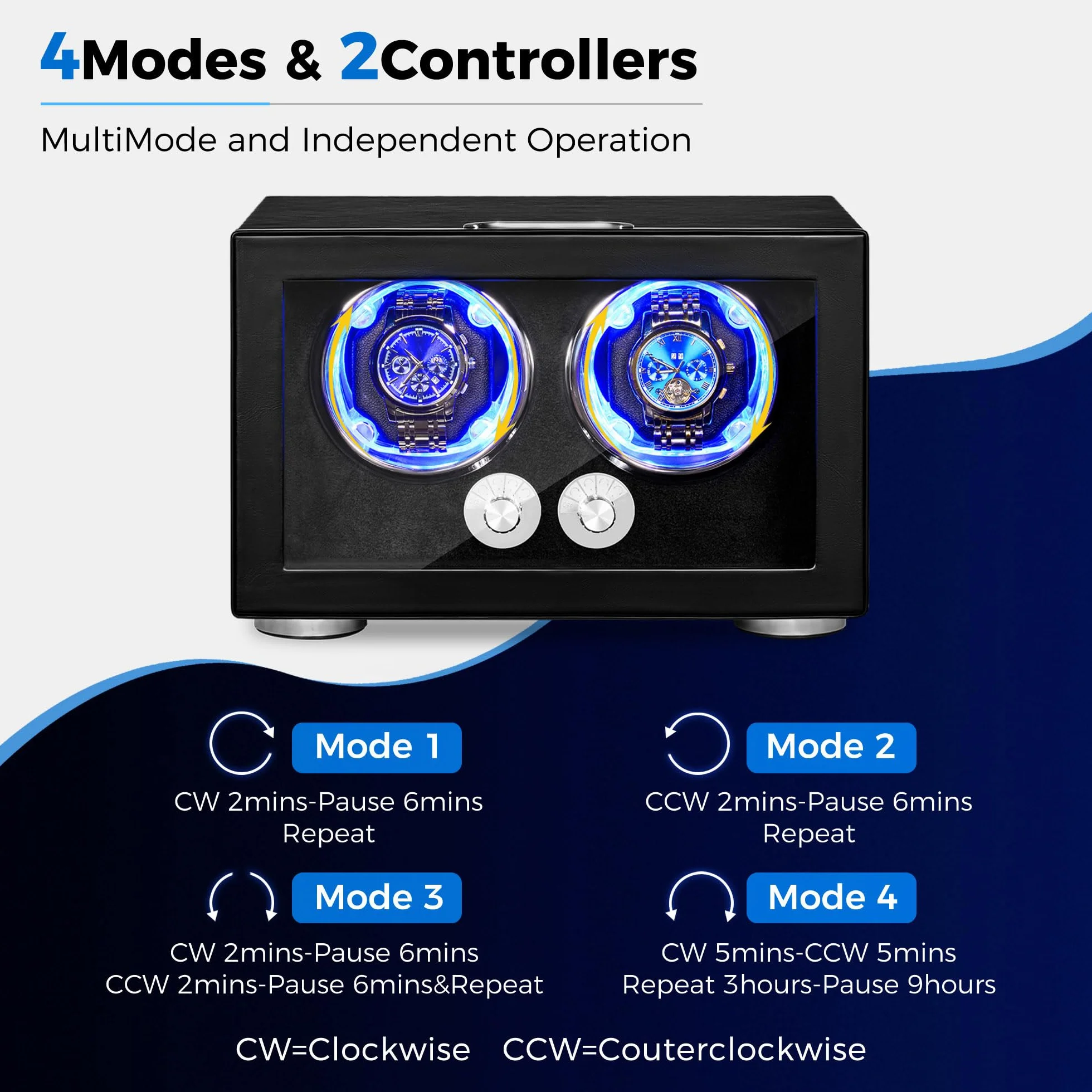 ANWBROAD Enrollador de relojes automáticos, rotador doble con LED y 4 modos, motor Mabuchi super silencioso, adaptador UJWW004B.