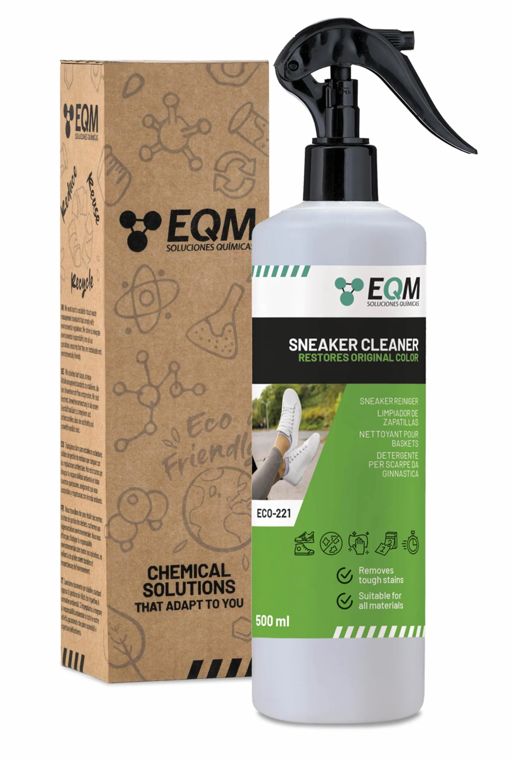 EQM - ECO-221 - Limpiador de Zapatillas - 500 ML - Fórmula Profesional para Cuero, Lona y Malla - Limpia en Profundidad, Renueva y Protege las Zapatillas