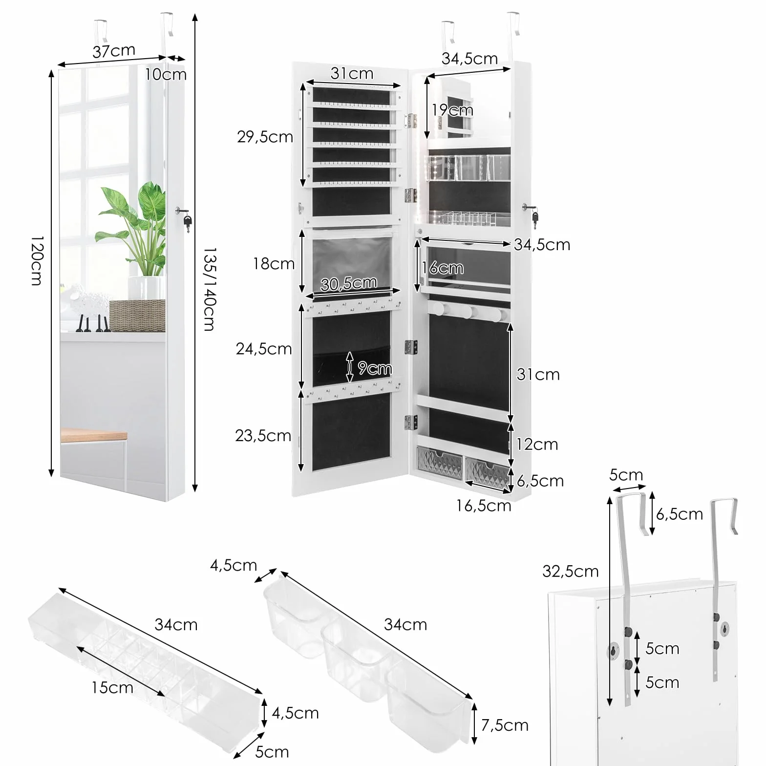 COSTWAY Armario Joyero con Espejo de Puerta para Joyas con Cerradura y Luces de 3 Colores - Espejo Interior con Estante Plegable y Cajas de Almacenamiento de Plástico (Blanco)