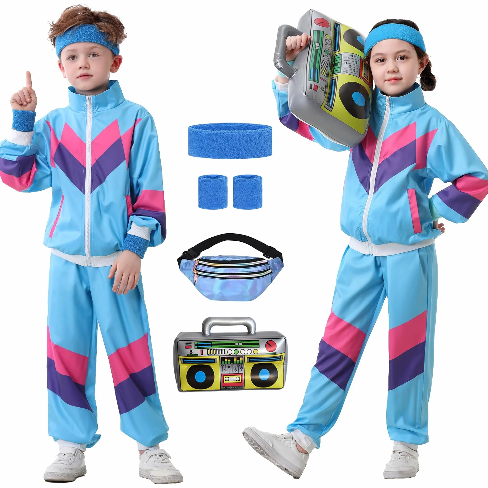Ezuwail Traje deportivo para niños de los años 80 y 90 para niños y niñas, 6 piezas, unisex, retro, cortavientos, entrenamiento, hip hop, disfraz de baile