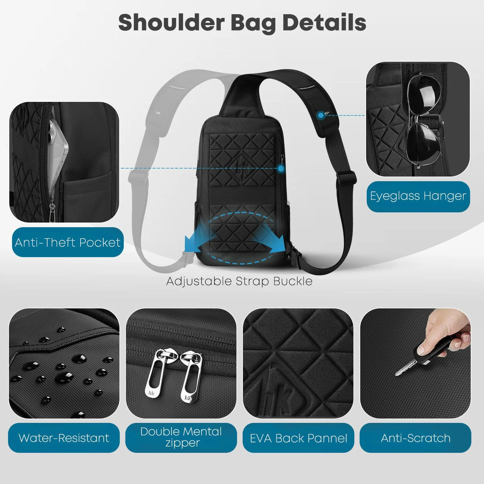 Bolso Bandolera Hombre con Puerto USB, Antirrobo e Impermeable, Bolsa de Pecho Mochila de Hombro Cruzada con Múltiples Bolsillos para Viaje Trabajo y Uso Diario – Negro