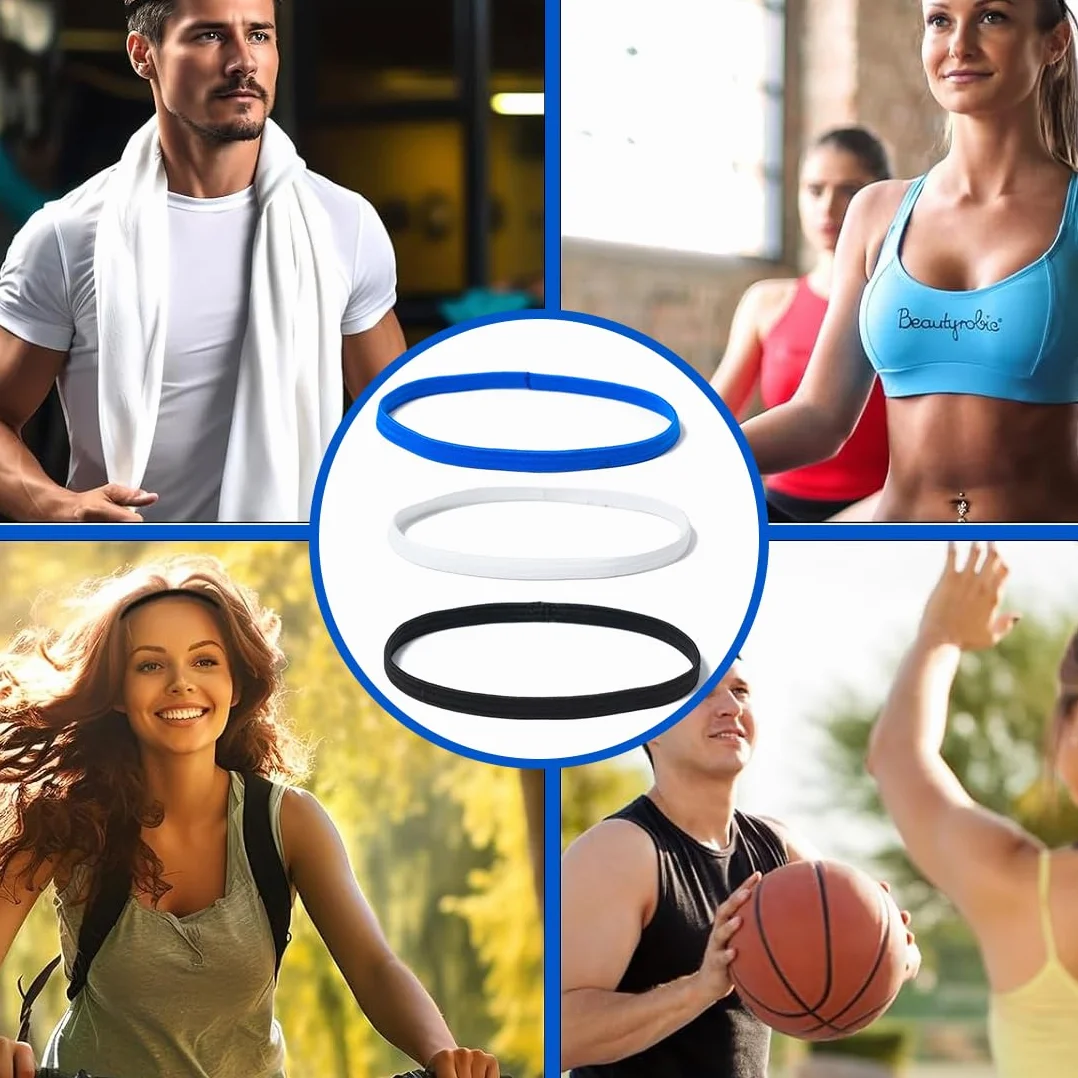 6 Piezas Cinta Pelo Deporte, Cinta Pelo Hombre, Niño Mujer Deporte Diadema Deportiva Elásticas Antideslizante Ppara Yoga Fútbol Jogging-Negro Blanco y Azul