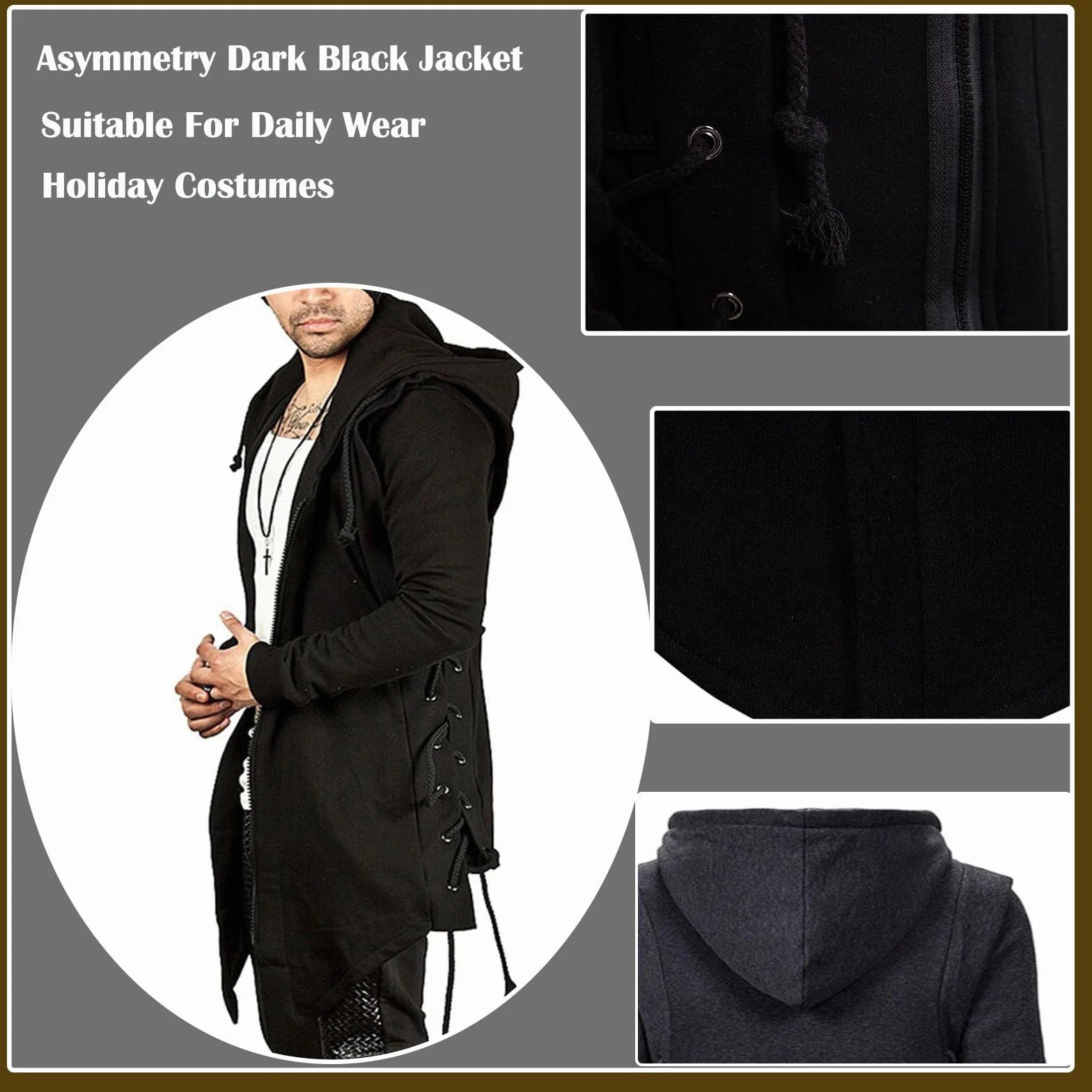 JMSUN Assassin - Sudadera con capucha para hombre, estilo gótico, asimétrico, cremallera lateral, con cordones laterales, forro polar