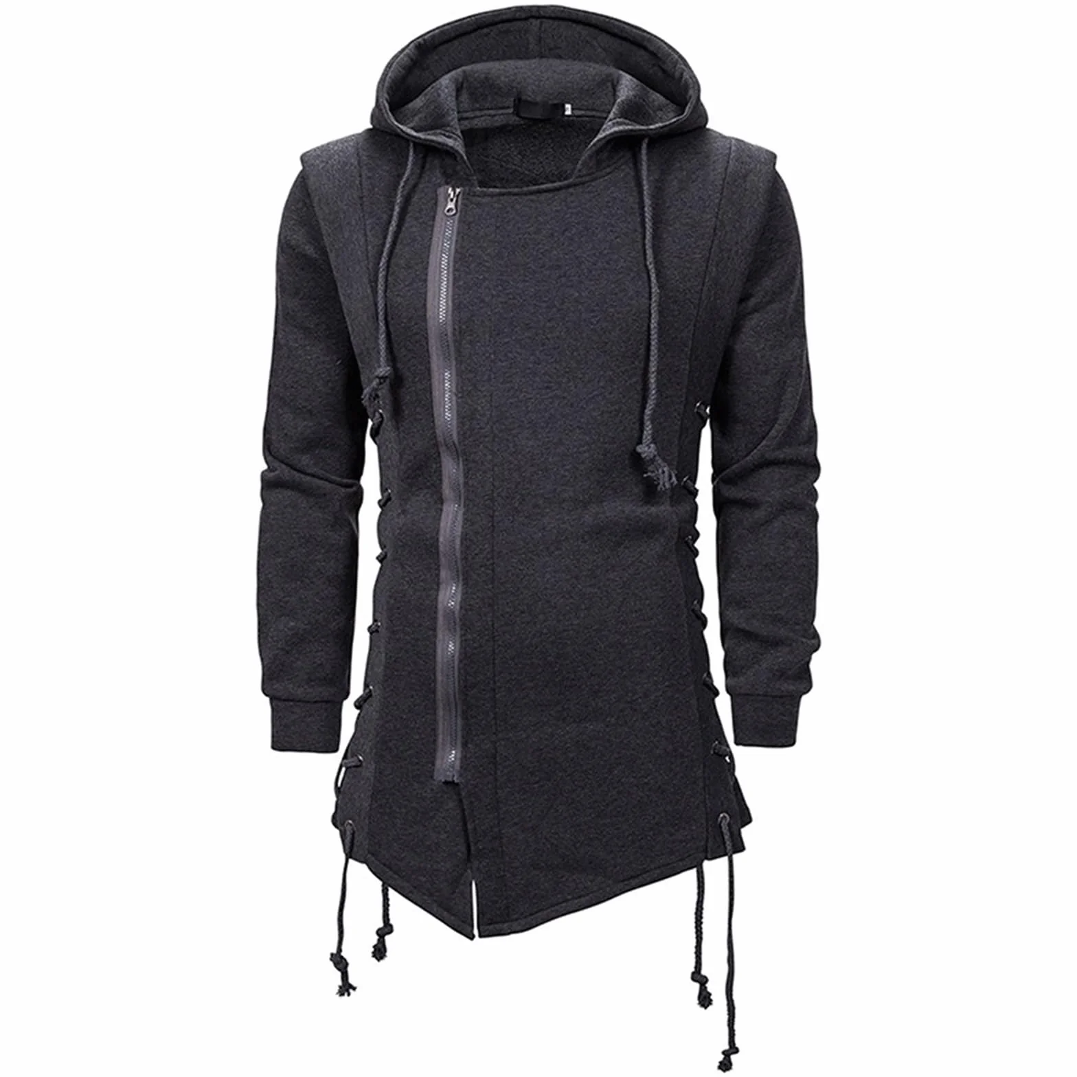 JMSUN Assassin - Sudadera con capucha para hombre, estilo gótico, asimétrico, cremallera lateral, con cordones laterales, forro polar