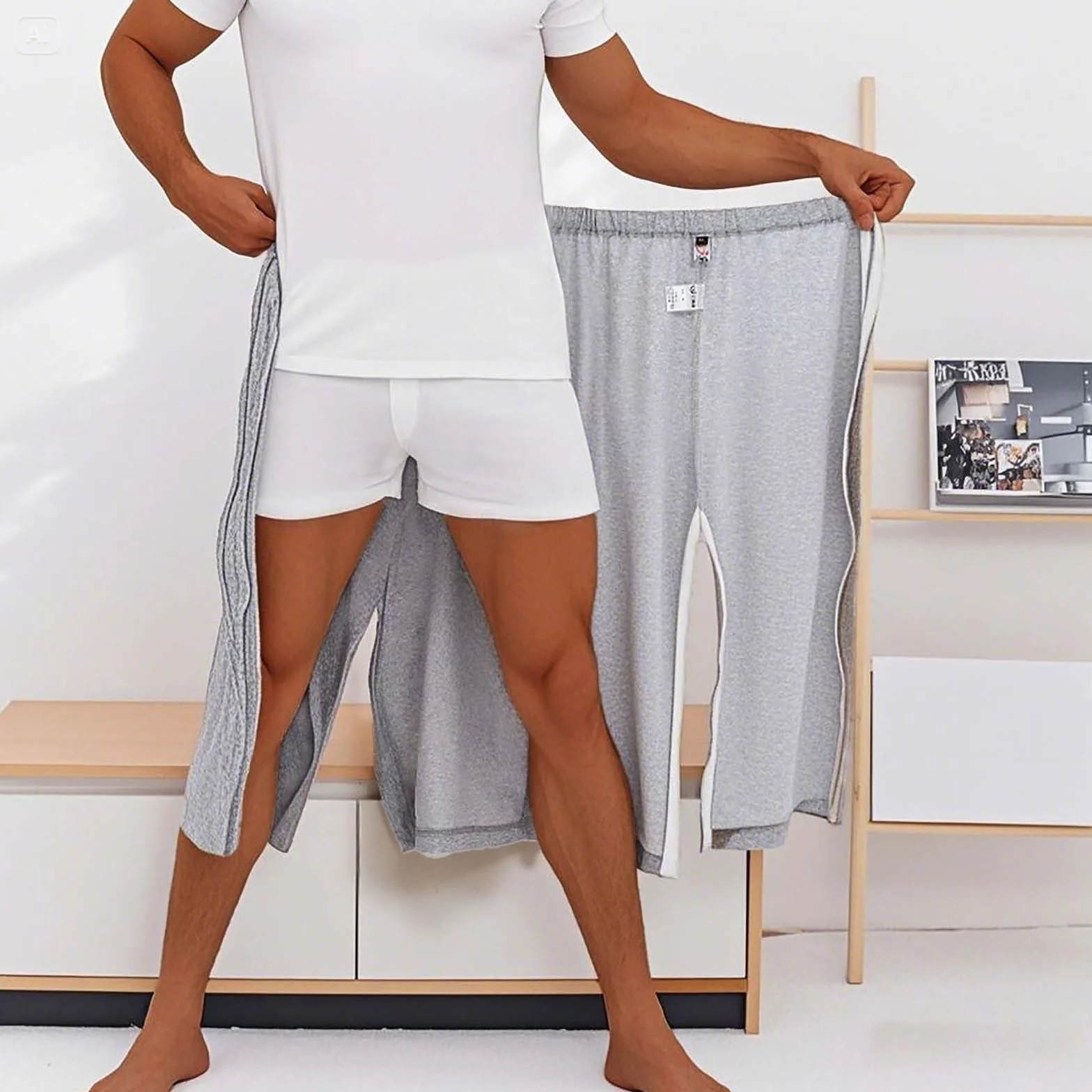 Generisch Pantalones de rehabilitación para hombre, laterales abiertos, pantalones de paciente para ancianos, discapacitados, pacientes postrados en cama, usuarios de sillas de ruedas, pierna ancha