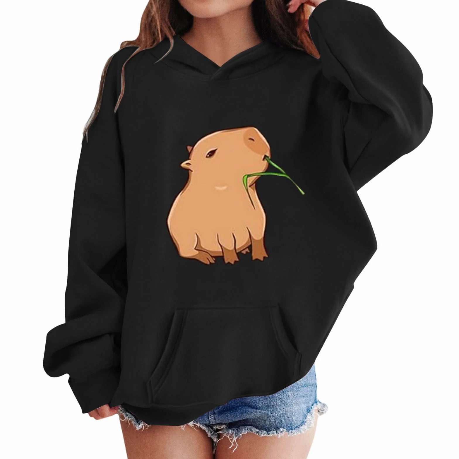 Sudadera Con Capucha Para Niña Estampado Capybara Manga Larga Forro Polar Informal Bolsillo Ropa Invierno Cálida